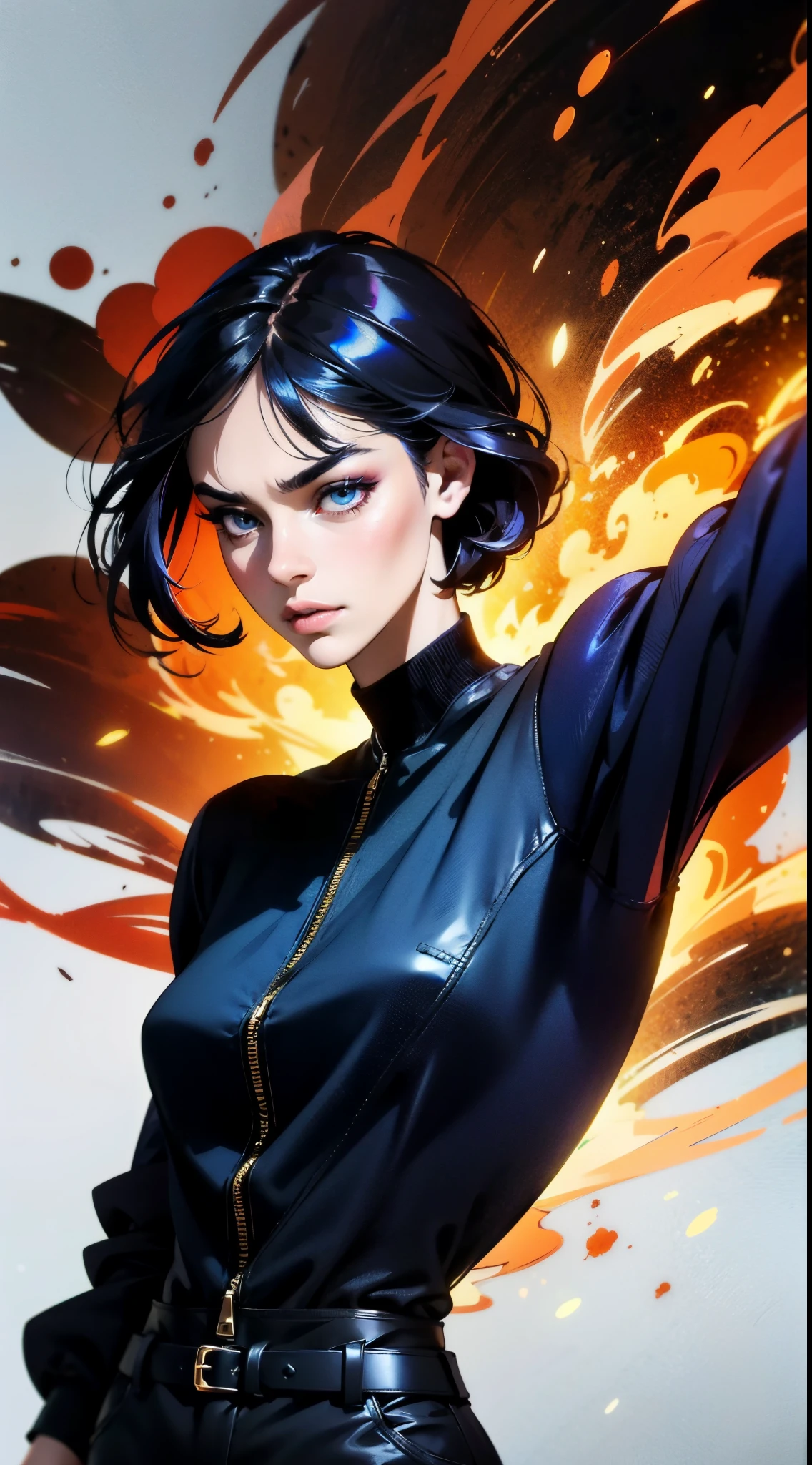 A beautiful women, dark blue short hair, long bangs covering half of his face, sharp eyes, a long scar on his face, an expression of discontent, a fantasy-realistic style leather jacket over a dark undershirt, trousers that matching the outfit, black fire swirling around, the background depicts a menacing dragon formed by black flames, this character embodies a finely crafted fantasy-realistic in anime style, exquisite and mature manga art style, high definition, best quality, highres, ultra-detailed, ultra-fine painting, extremely delicate, professional, anatomically correct, symmetrical face, extremely detailed eyes and face, high quality eyes, creativity, RAW photo, UHD, 8k, Natural light, cinematic lighting, masterpiece-anatomy-perfect, masterpiece:1.5