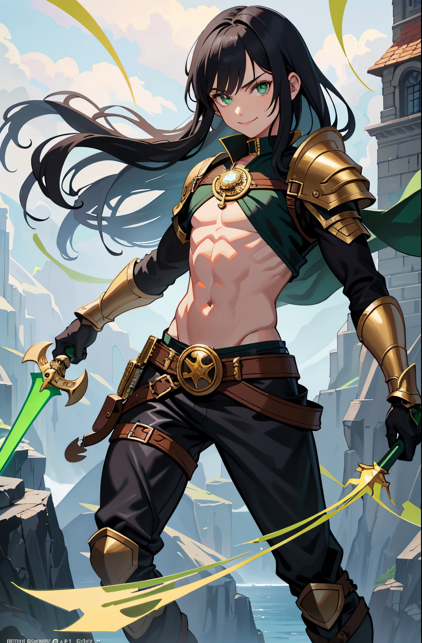 Black hair, green eyes, dnd male halfling, rogue, light armor, full body portrait, wearing monocle, holding polearm, flat chest, defined muscle, short, concept art, smiling
