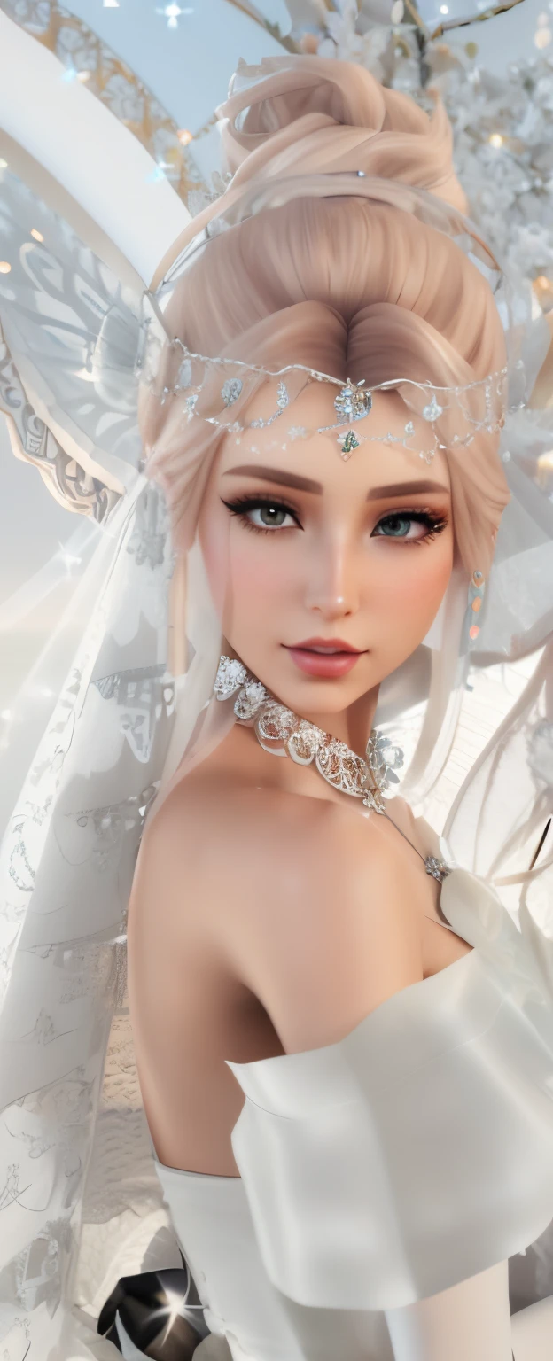 there is a 3d image of a woman dressed in a white dress, imvu, second life avatar, (((mad))) elf princess, secondlife, digital art of an elegant, dreamy and detailed, 3d cg, 3 d cg, veils and jewels, daz. detailed, jeweled veil, elven princess, wedding, glamor profile pose
