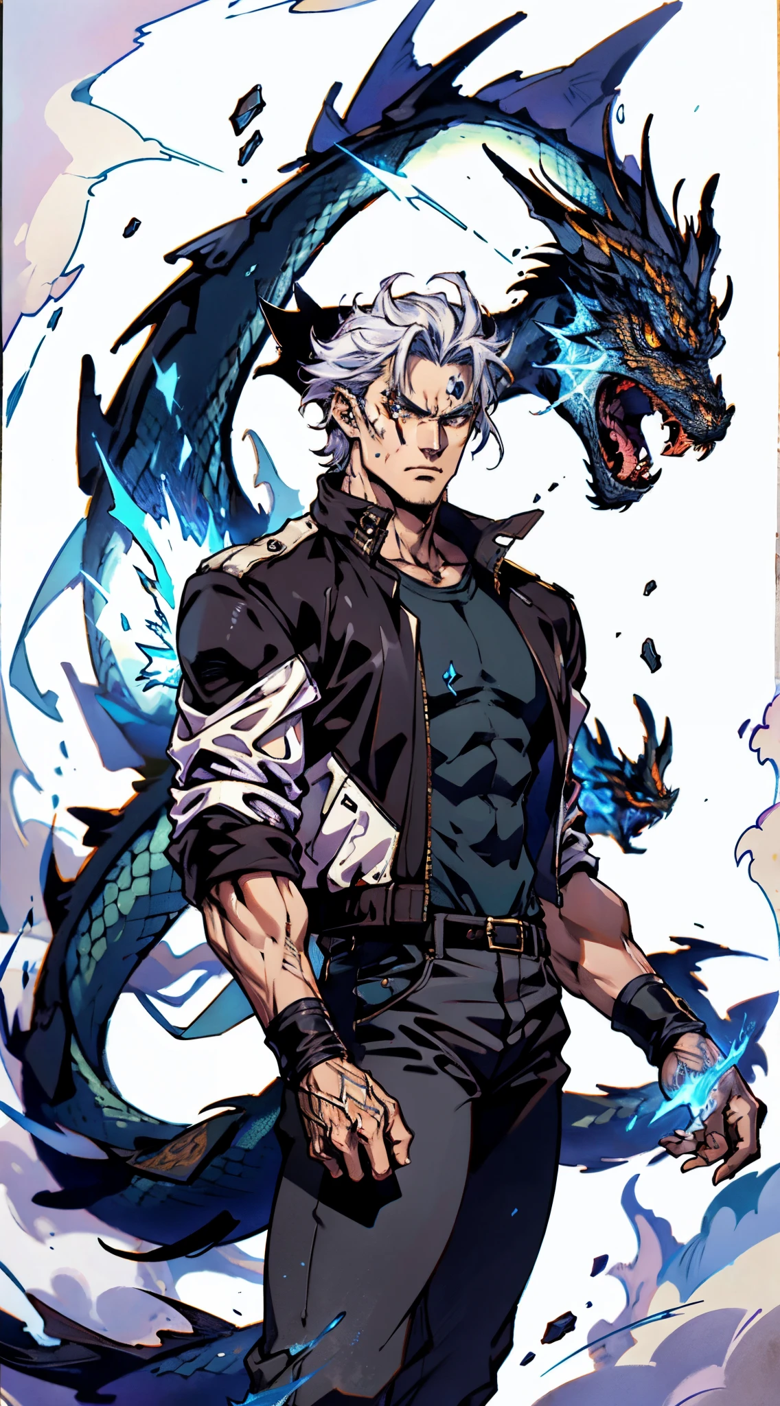 A young man, dark blue short hair, long bangs covering half of his face, sharp eyes, a long scar on his face, an expression of discontent, a fantasy-realistic style leather jacket over a dark undershirt, trousers that matching the outfit, black fire swirling around, the background depicts a menacing dragon formed by black flames, this character embodies a finely crafted fantasy-realistic in anime style, exquisite and mature manga art style, high definition, best quality, highres, ultra-detailed, ultra-fine painting, extremely delicate, professional, anatomically correct, symmetrical face, extremely detailed eyes and face, high quality eyes, creativity, RAW photo, UHD, 8k, Natural light, cinematic lighting, masterpiece-anatomy-perfect, masterpiece:1.5