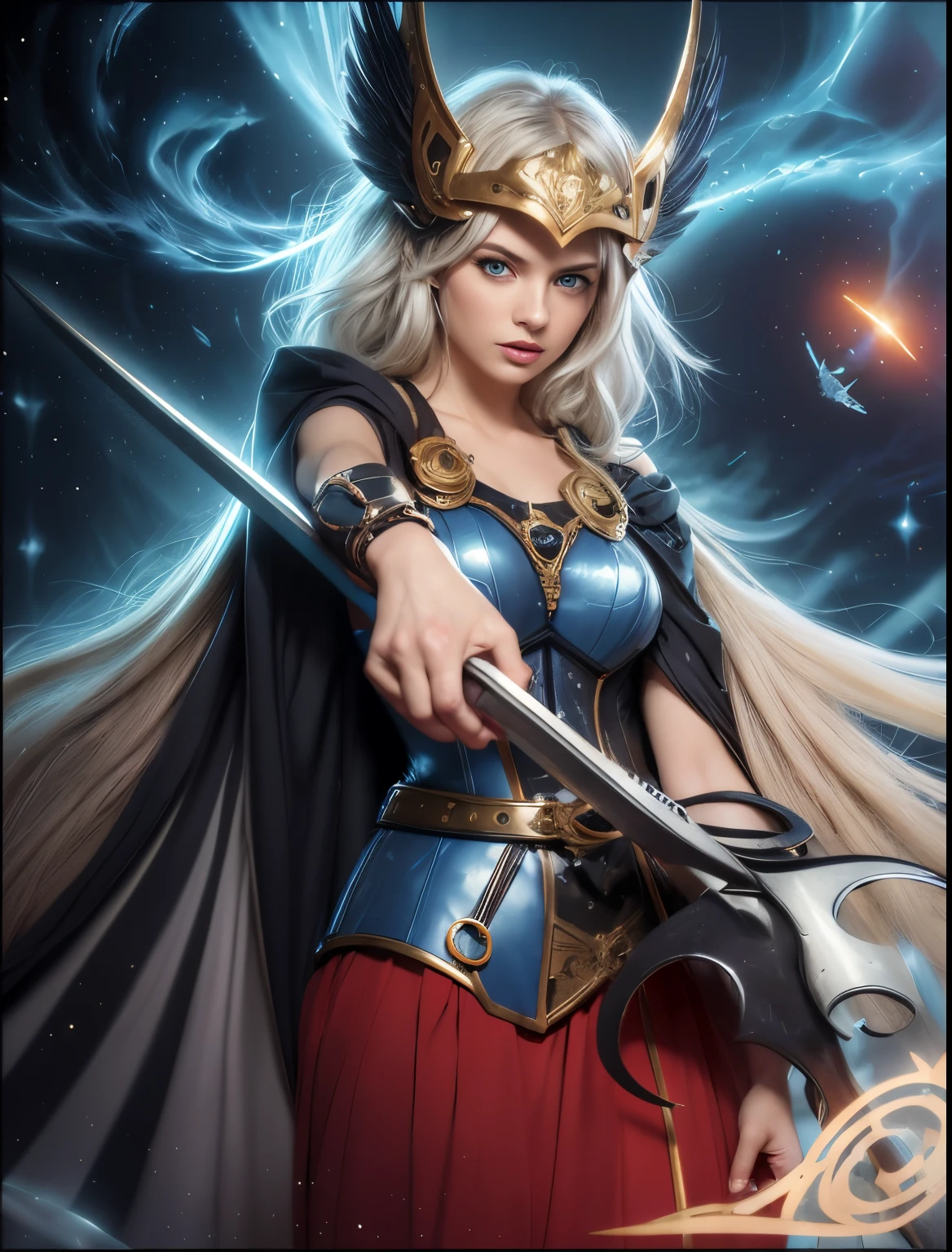 Masterpiece, watercolor: High resolution. Very detailed. realistic. ultra-realistic. Hlaf-body of female. Young woman about 20 years old. 1girl. Nordic. Delicate facial features. detailed face. Defiance face. Looking dawn. ((Pretty Big blue eyes)). Big eyes. Evil eyes. Very light white skin. ((Pretty long light grey hair)). Straight hair. layered hair (hair parcial cute at shoulders). (Cut hair at back). Bangs. Hair blowing in the air. Wing helmet. Golden ornate bracelet on right arm. Dark blue cloak. Dark grey ornate armor corset. Golden details on corset. Long dark red skirt. Titanium detailed spear above left hand.. Cosmic background. Cinematic light.