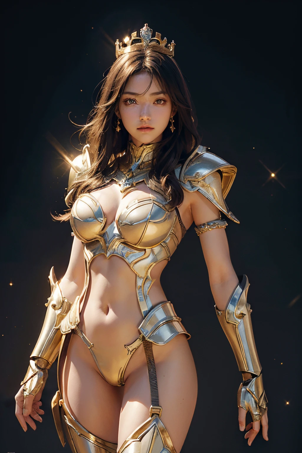 fully body photo，（best qualtiy）， （1girll）， starryskybackground, crown, one hand holding shield, one hand holding a spear, Wearing shiny gold armor， Sexy lingerie type armor，Expose your chest，Expose the waistline，Exposing thighs，cool-pose， Saint Seiya Armor， messy hair，high detal, Cinematic lighting, Sparkle, god light, Ray traching, filmgrain, hyper HD, textureskin, super detailing, Anatomical correct, A high resolution，Ultra-high saturation，hight contrast，High-gloss armor，Smooth skin，Serious expressions