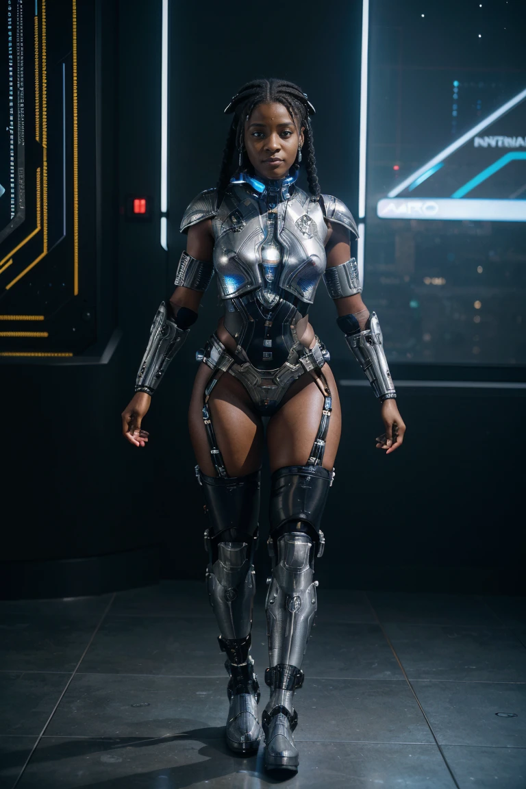 A young (((Nubian woman))), elegantly attired in ((cybernetic armor)), featuring intricate designs and electronic motifs, accessorized with ((cybernetic)) and ((cybernetic boots)), the Superman symbol adorning her armor, advanced cybernetic systems visibly integrated into her body, a full-length view evoking a sense of futuristic technology and style
