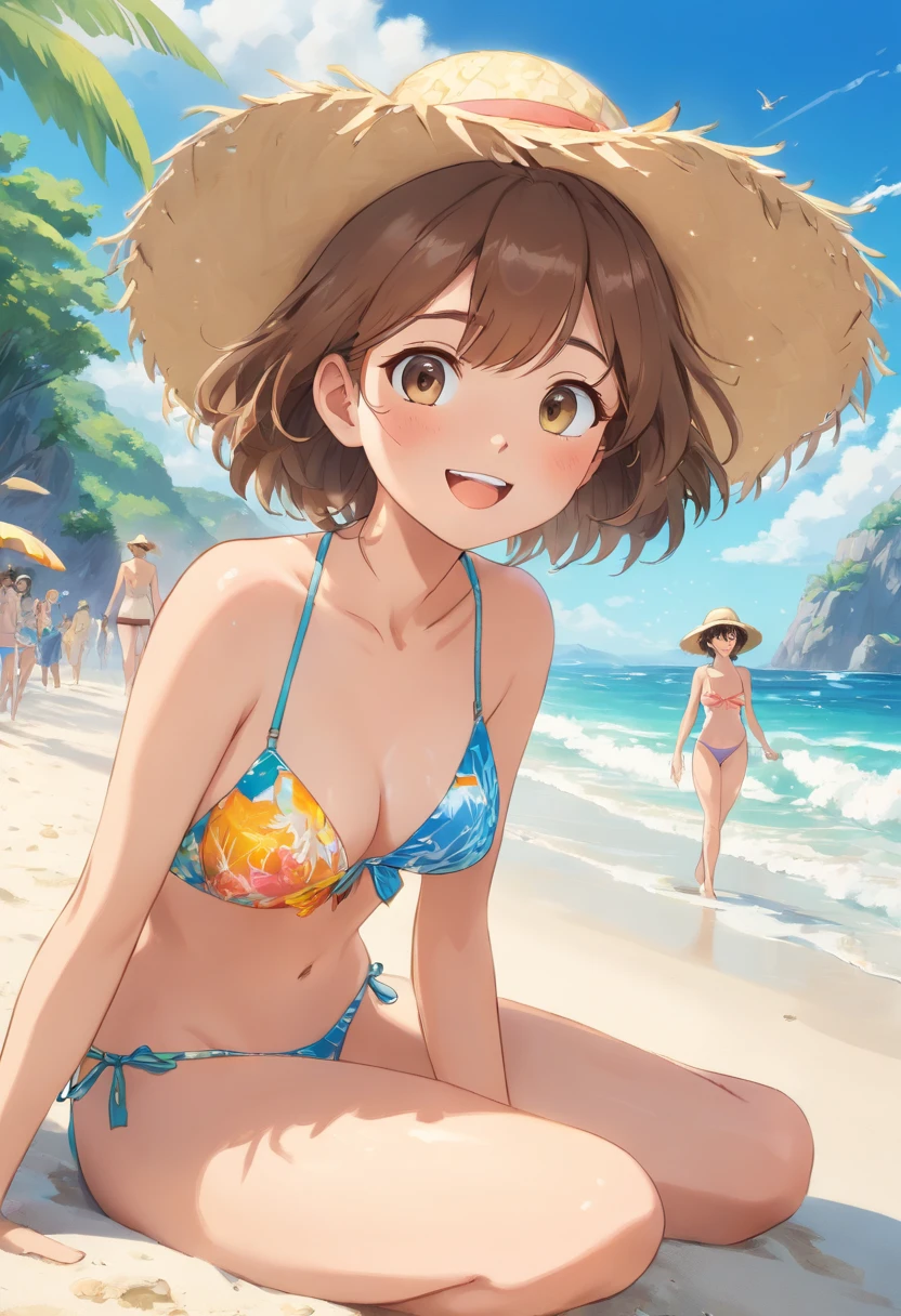 (best quality,4k,8k,highres,masterpiece:1.2),ultra-detailed,(realistic,photorealistic,photo-realistic:1.37),portraits,beach,swimsuits,girls posing,bluewater,sandy beach,warm sunshine,palm trees,lush greenery,tropical paradise,ocean waves,beautiful smiles,lively atmosphere,happiness,relaxation,vibrant colors,sun-kissed skin,straw hats,sunglasses,waves crashing,bikini babes,salty breeze,beach towels,playfulness,epic scenery,paradise on earth,summer vibes,seagulls,freedom,exquisite details,lifelike faces,sparkling reflections,bliss,laughter,jubilation,motionless postures