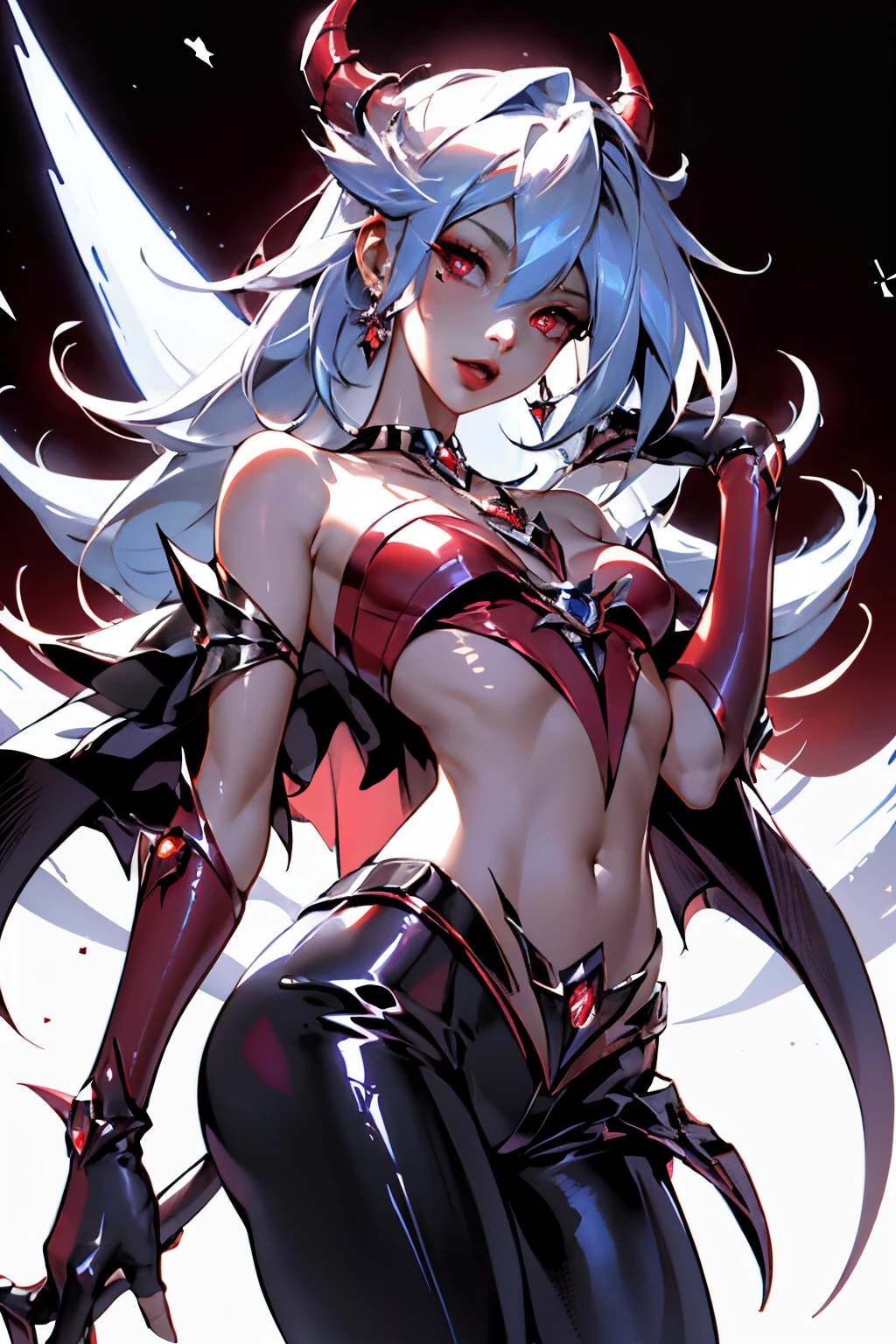 Hermosa maga oscura (obra maestra: 1.2, La mejor calidad), (1 , solamente), grandes senos, (Dynamic posture), (piel brillante, crimson red skin), crimson red skin, Dark Magician Girl Demon Version Sezy, Guantes finos y de encaje, ( small demonic horns:1.1), (Lilith \(Darkstalkers\)), (cielo), fleco, (jewely, Adorno dorado:1.15 ), pelvis grande, azul (pantys:1.1) Dark Magician Girl Sexy Demon Version