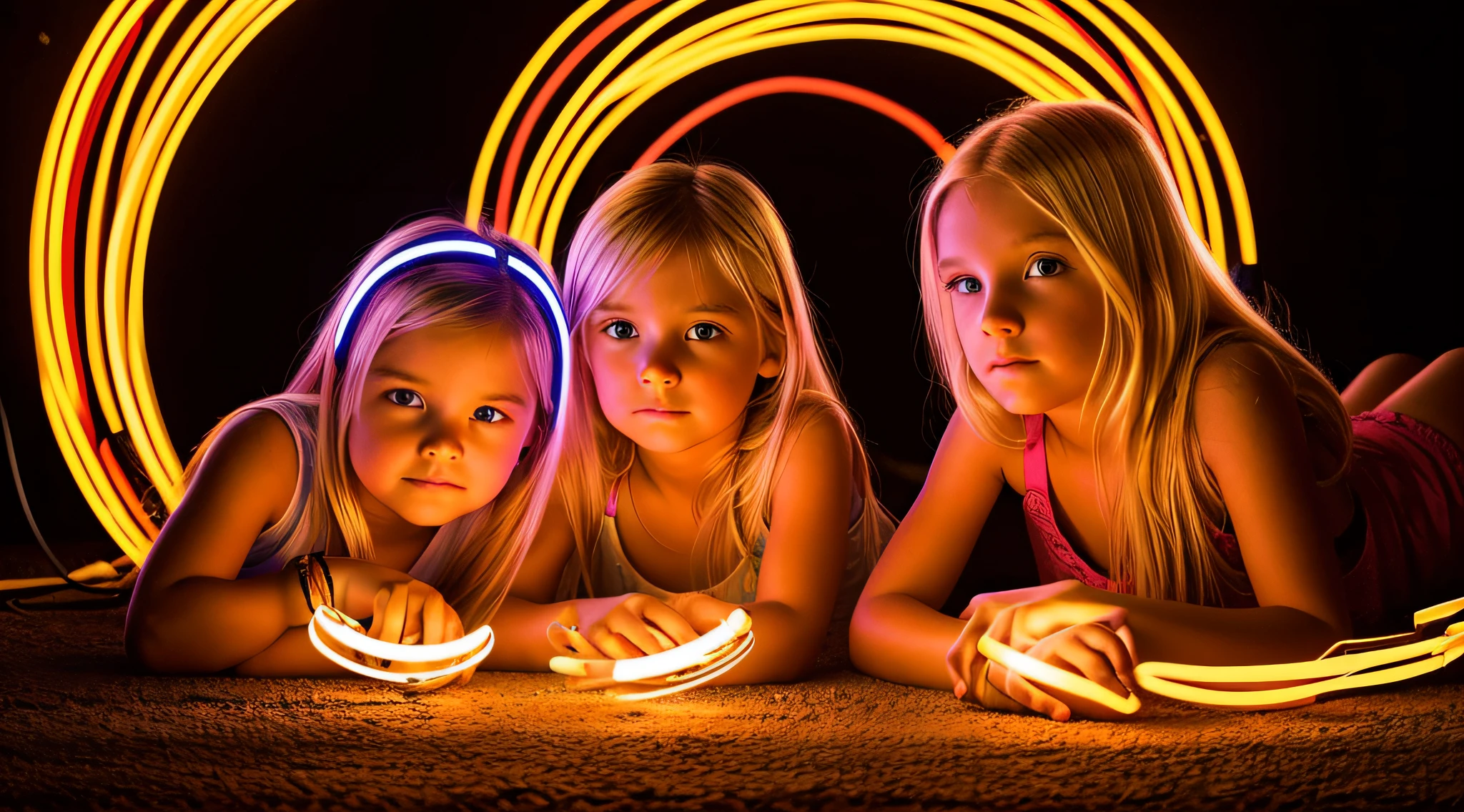 halo de NEON luminoso, there are two CHILDREN GIRLS WITH BLONDE HAIR in front of a ring of fire,