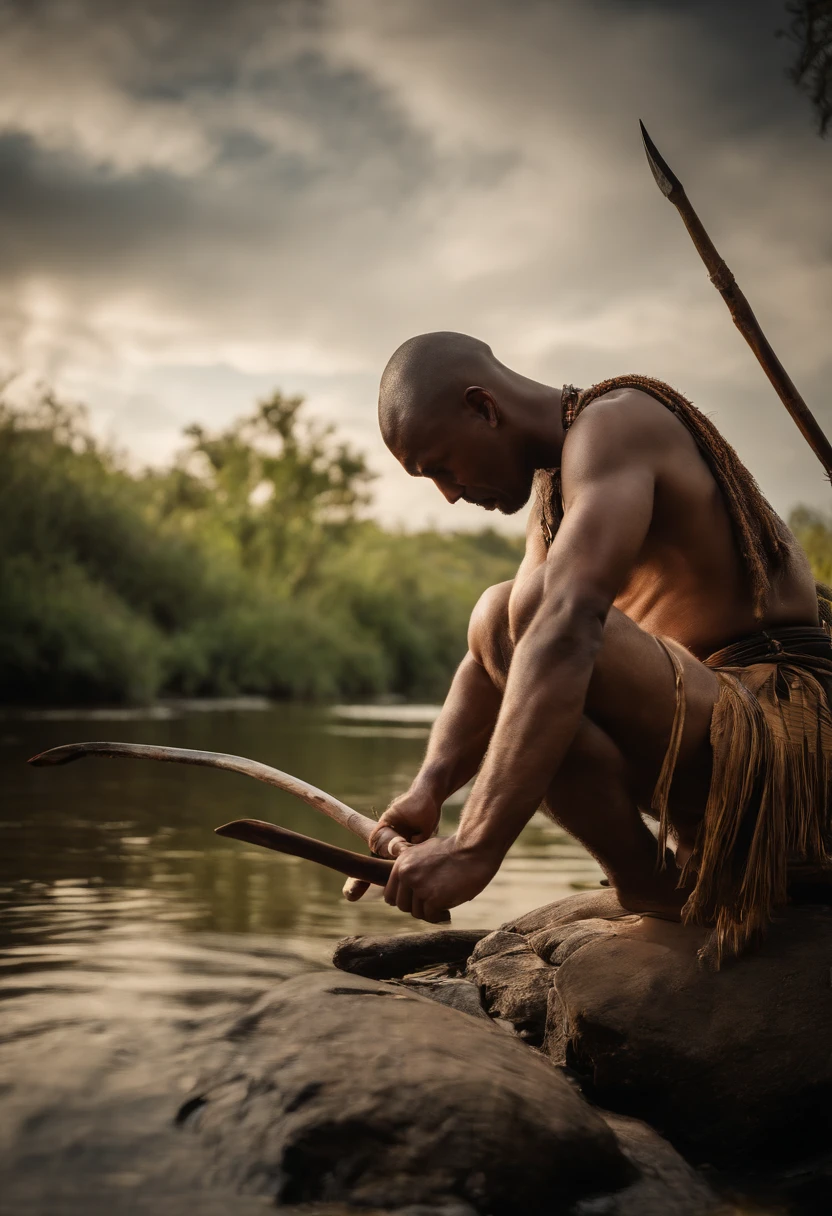 A photo of Survivor Man making natural insect repellent from wild plants.,original,Wears a Loin cloth, bald, white , messy appearance, male