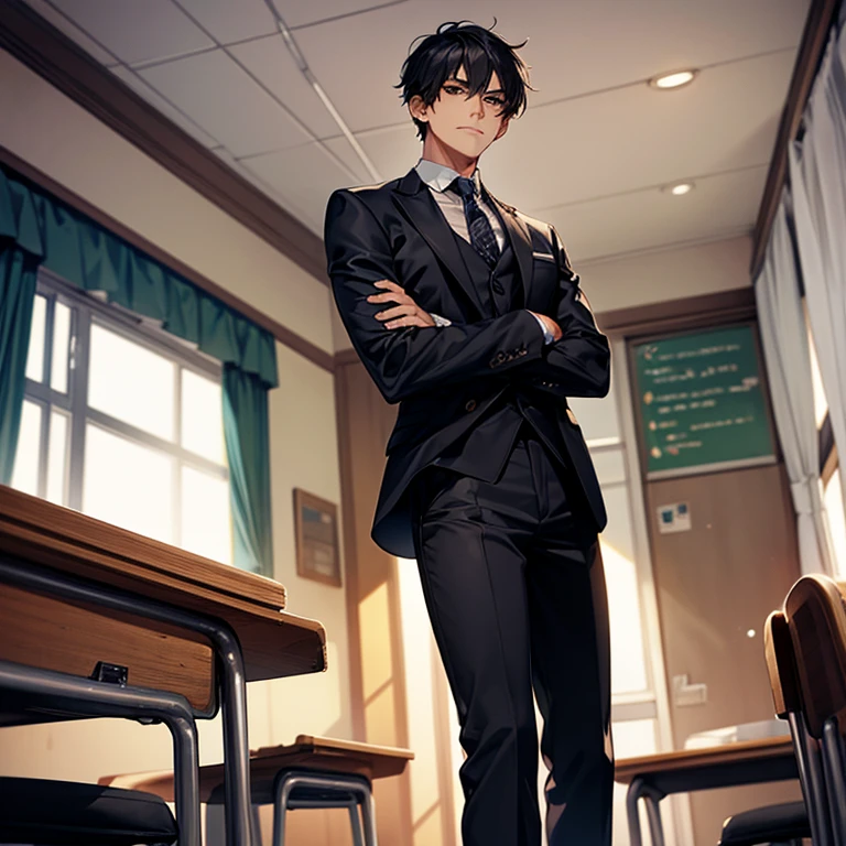man, 30 years old, mature man, beautiful body, handsome face, perfect body, evil face, dark skin color, 8k resolution, ultra resolution, short hairstyle, short hair, black hair, black eyes, black suit, baggy pants , black pants, arms crossed, looking to the side, turning to the side, evil face, arms crossed, classroom, classroom background, view from below