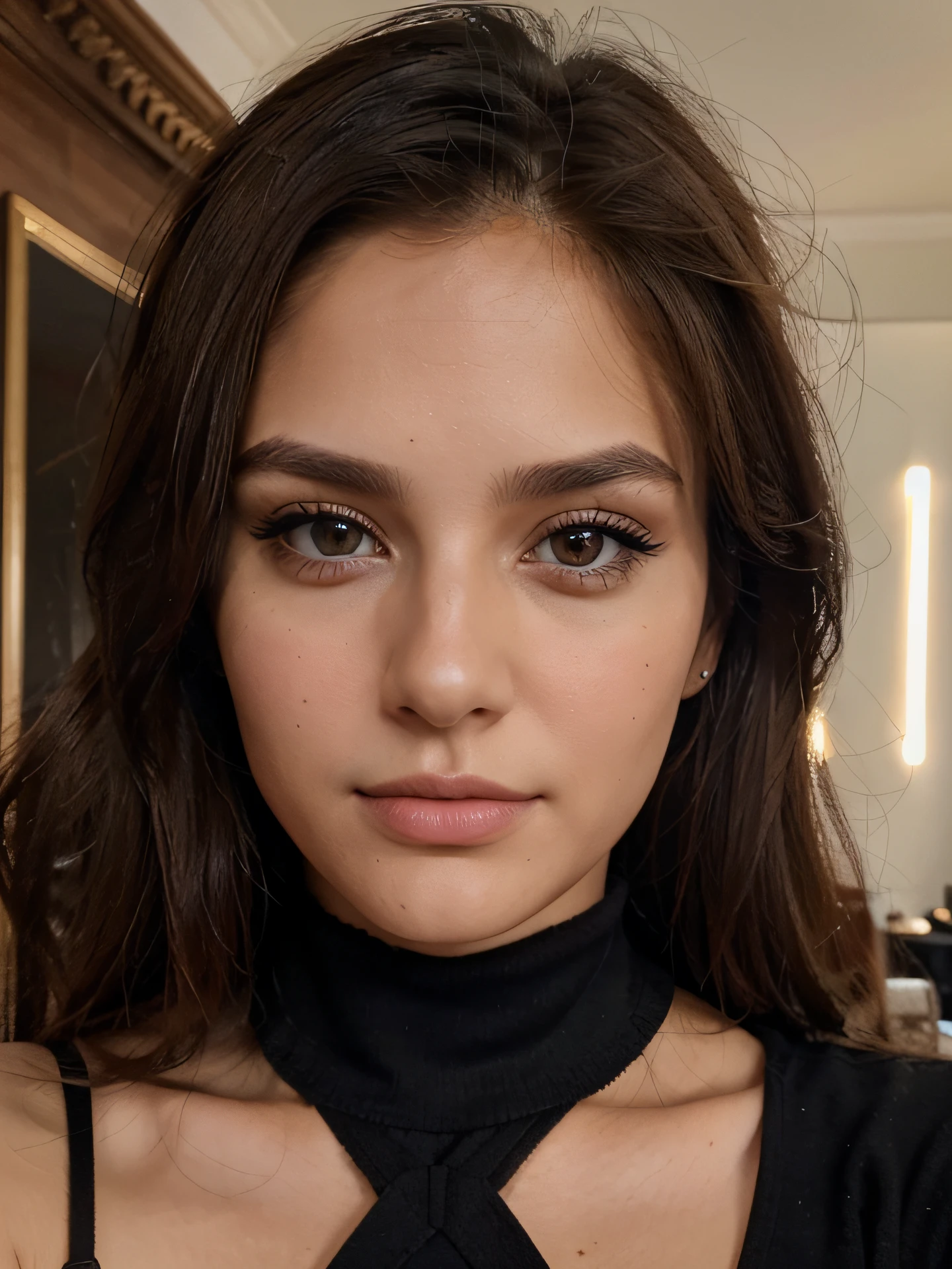 selfie of a 26 year old pretty woman, looking directly at the camera, black clothes, subtle makeup, brown eyes, brown hair, ultra realistic, meticulously detailed, blurred background