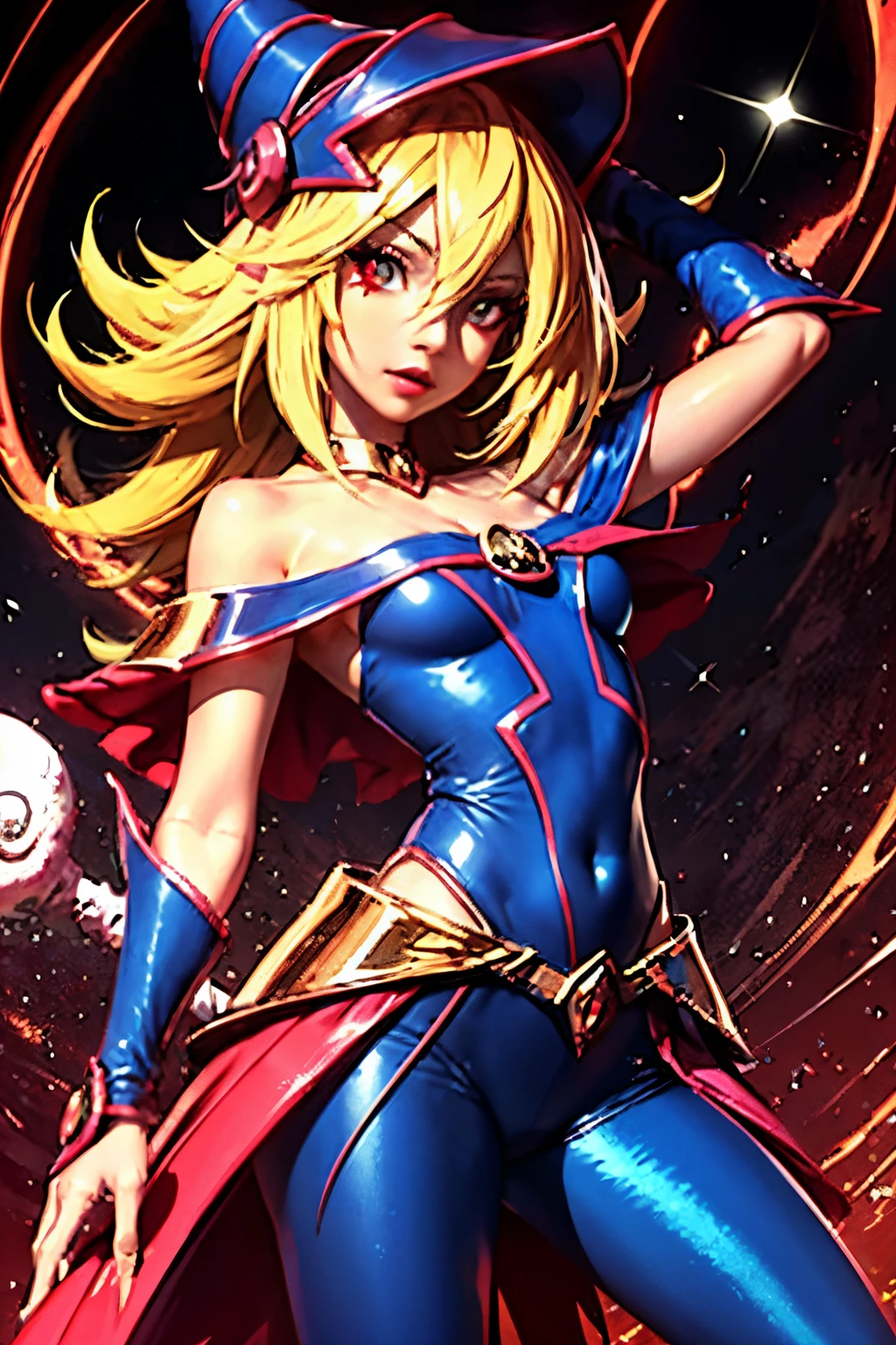 Hermosa maga oscura (obra maestra: 1.2, La mejor calidad), (1 , solamente), grandes senos, (Dynamic posture), (piel brillante, crimson red skin), crimson red skin, Dark Magician Girl Demon Version Sezy, piel roja, Guantes finos y de encaje, ( small demonic horns:1.1), (Lilith \(Darkstalkers\)), (cielo), fleco, (jewely, Adorno dorado:1.15 ), pelvis grande, azul (pantys:1.1) Dark Magician Girl Sexy Demon Version