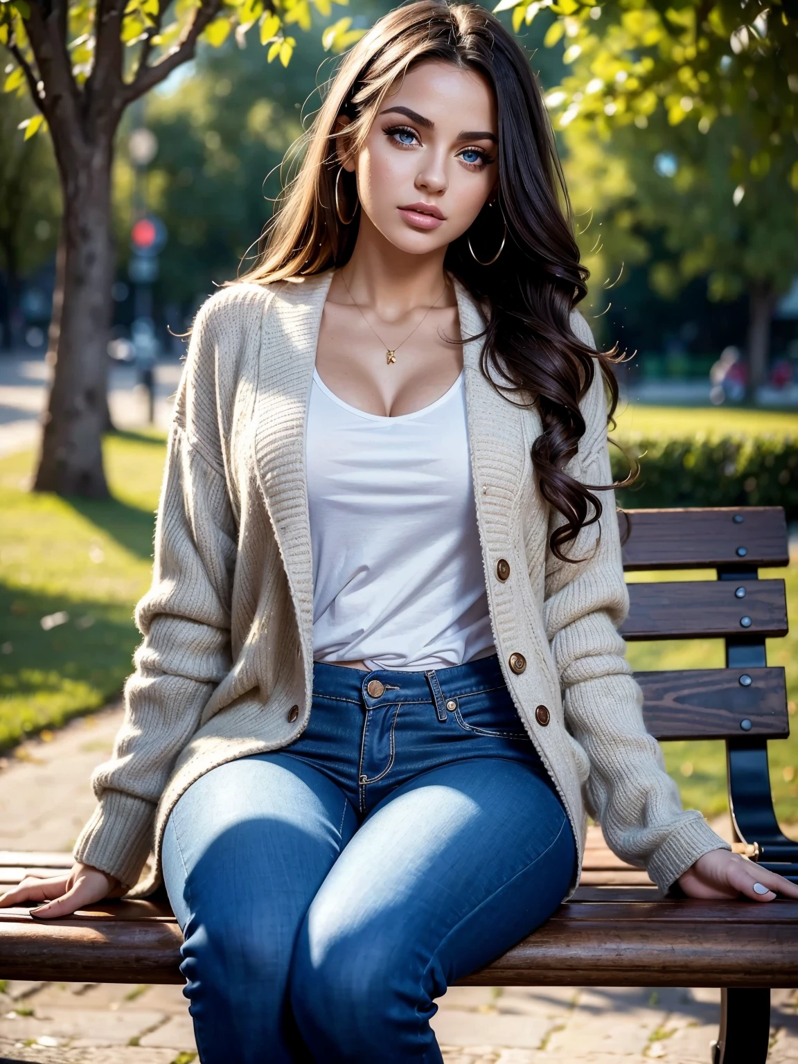Sexy woman, Albanian, 24 years, cute, neat face, detailed, small neat nose, neat plump lips, big eyes, blue eyes, Alice Milano, long hair, curly hair, natural shine, chocolate hair, portrait, focus on face, gorgeous, city girl,western, hot girl, in warm jacket and pants, sitting on the bench in park, (masterpiece), best quality, high resolution, extremely detailed, depth of field