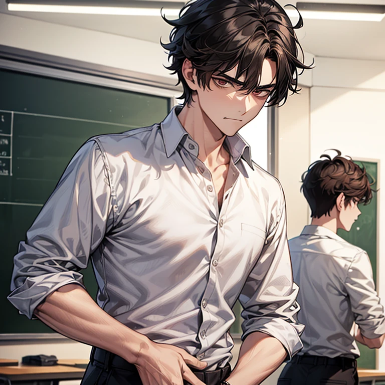 man, 16 years old, mature man, broad shoulders, handsome face, perfect body, 8k resolution, messy hair, short hair, black hair, brown eyes, red school shirt, baggy pants, white pants, watch, hands in pockets, view from close up, looking at viewer, angry face, classroom, classroom background