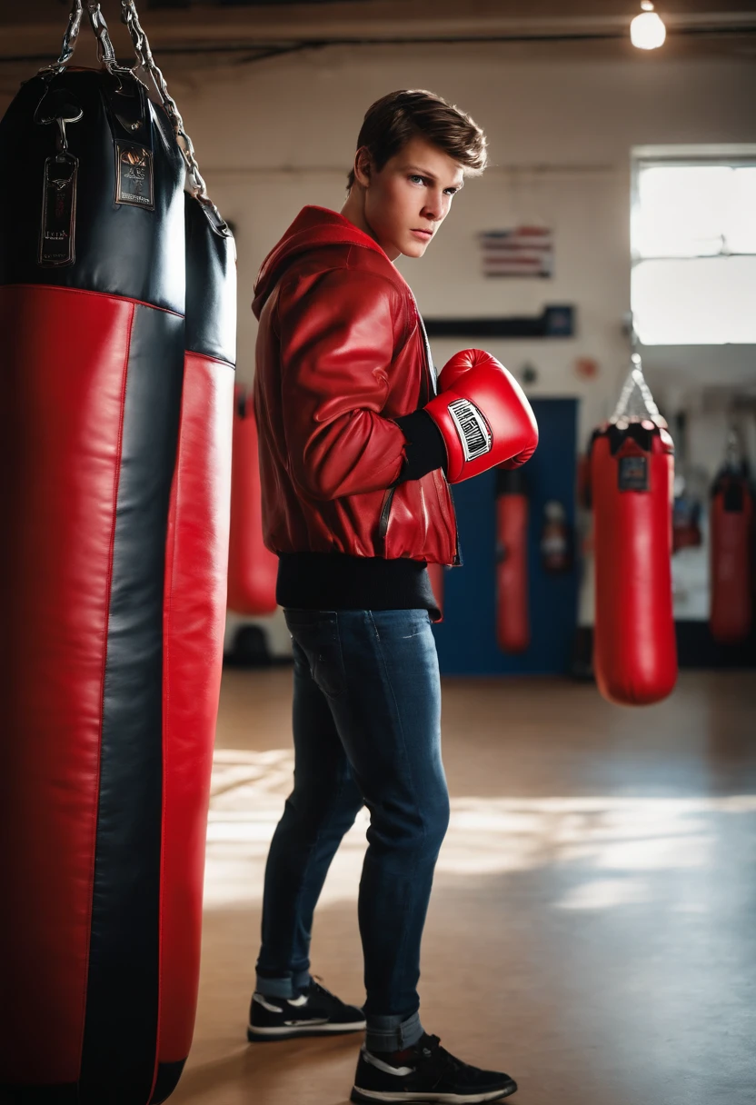 A photo of Nathan at a local boxing gym, throwing aggressive punches at a punching bag,Life is Strange video game series,Nathan is a age boy with blue eyes, slicked back light brown hair, light freckles, wears a red letterman jacket, mean expression, male