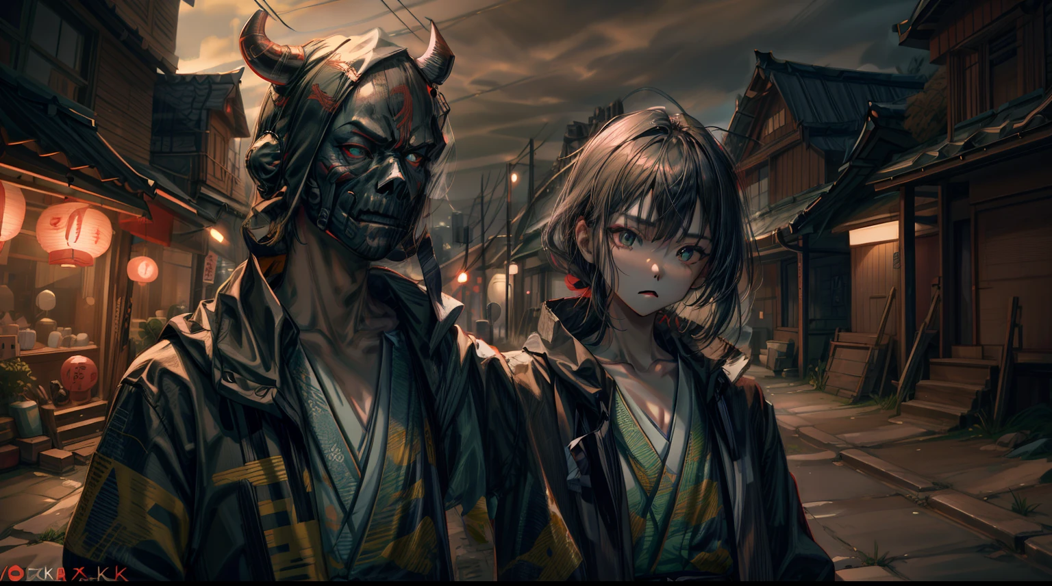 scared samurai oni mask,monster background,(best quality,4k,8k,highres,masterpiece:1.2),ultra-detailed,(realistic,photorealistic,photo-realistic:1.37),dark and mysterious atmosphere,ominous lighting,authentic Japanese texture,ominous and towering mountains,misty and eerie forest,haunting green eyes,loud growls piercing the silence,sharp and menacing horns,intimidating presence of shadows,dynamic and intense brush strokes,evokes traditional Japanese woodblock prints.
