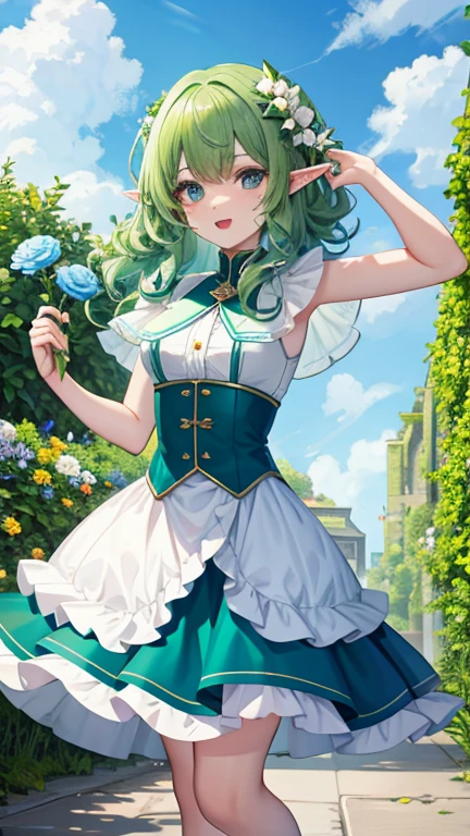 curly hair elf woman，blue colored eyes，Green hair，Wear green clothes，White leather shoes，Sing to the flowers