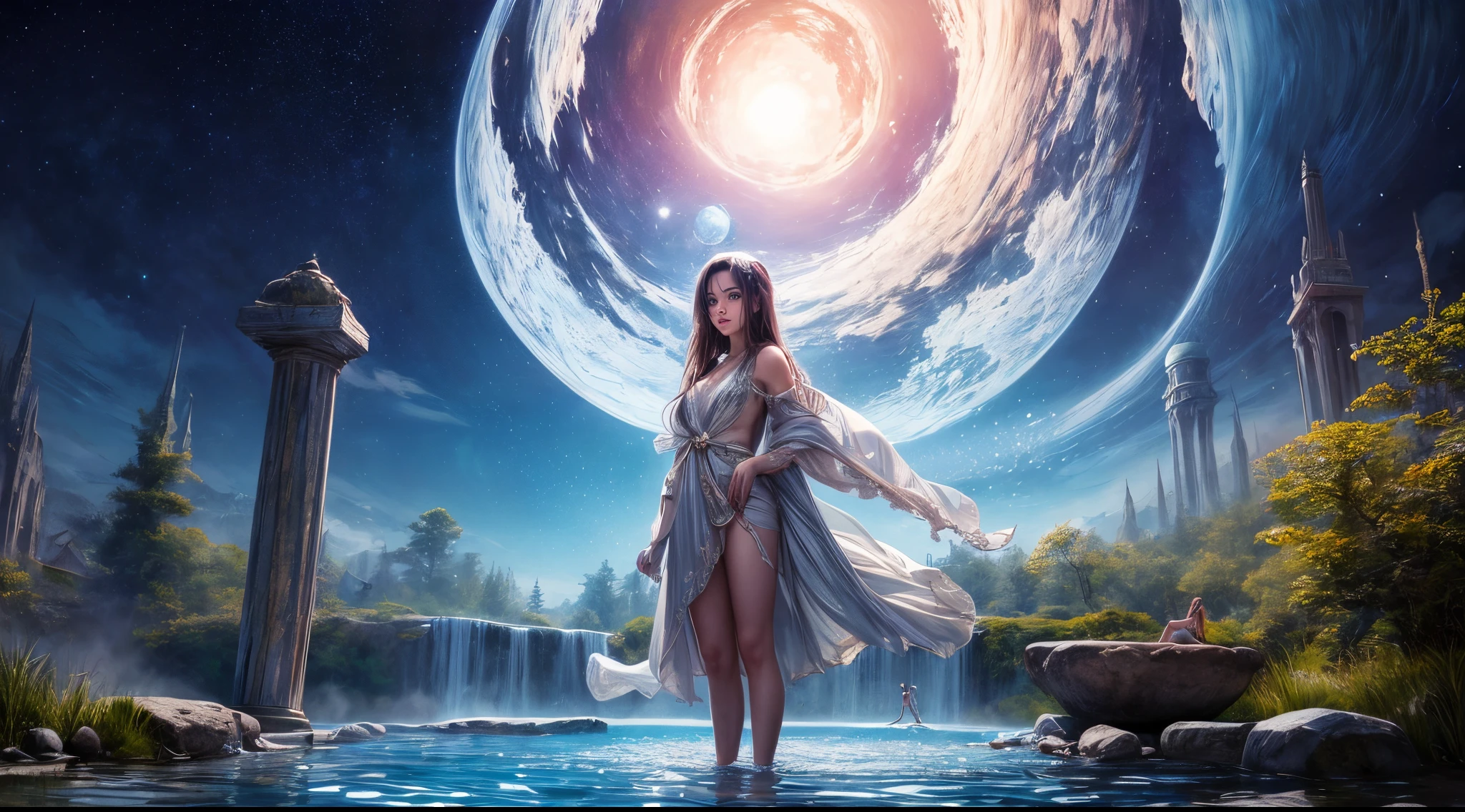 Painting: An enchanting artwork portraying a girl wearing silk, standing at the edge of a mystical pool, surrounded by swirling enchantments, with the distant planet casting an ethereal light upon her.