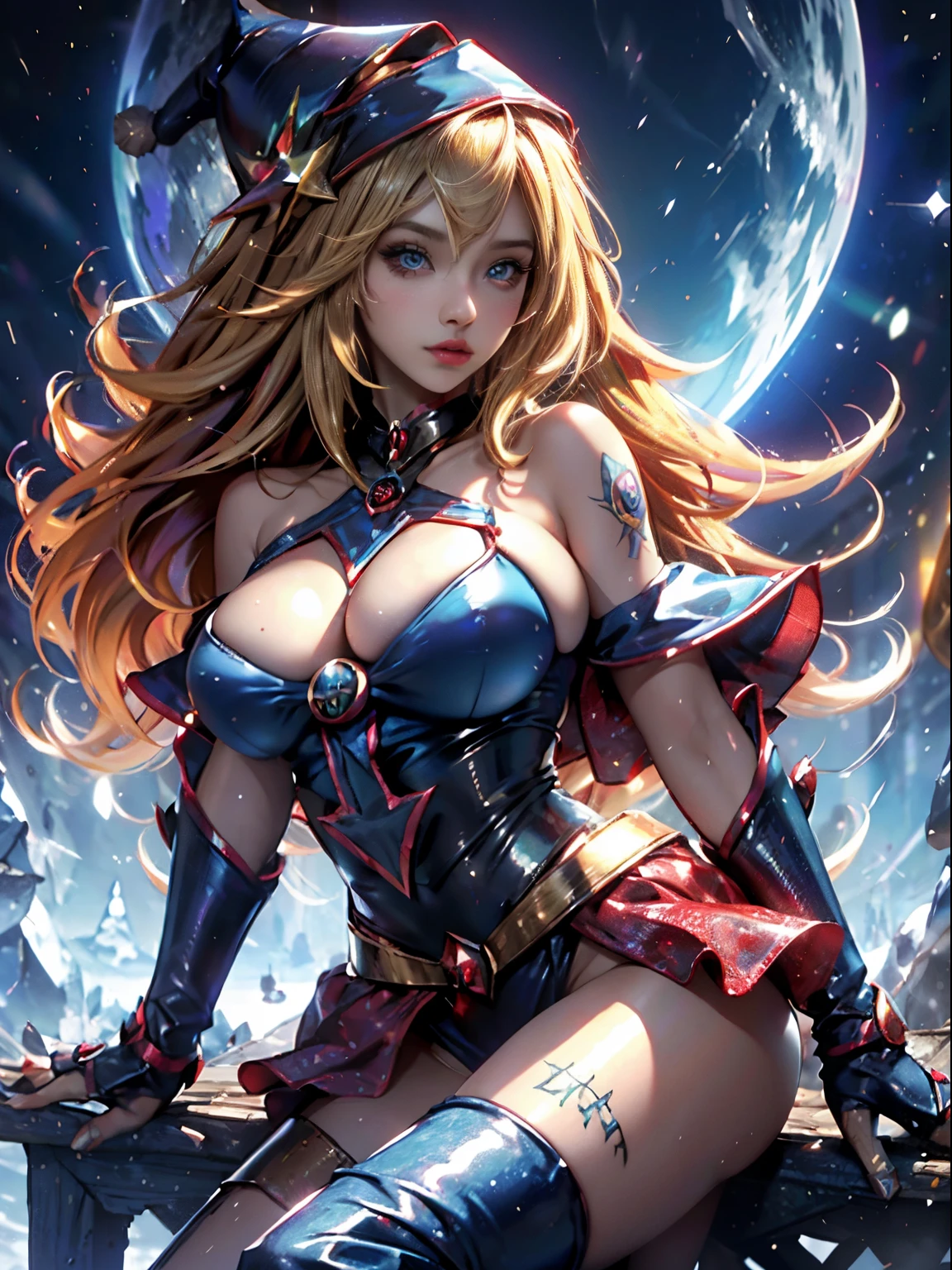 Dark magician gils. Rubia dorada sexy, ojos azules, Cara hermosa,  Fit and athletic body, travieso, guarra, Manos perfectas, Manos detalladas, Ojos azules perfectos, ojos detallados, flirty, sexy, tetas grandes y alegres, cuerpo completo, realista, HDR, UHD, dynamic, sentado en el suelo frente a una chimenea, Posando, Santa Claus red dress, christmas tree, botas negras. Pose sejustiva y sensual