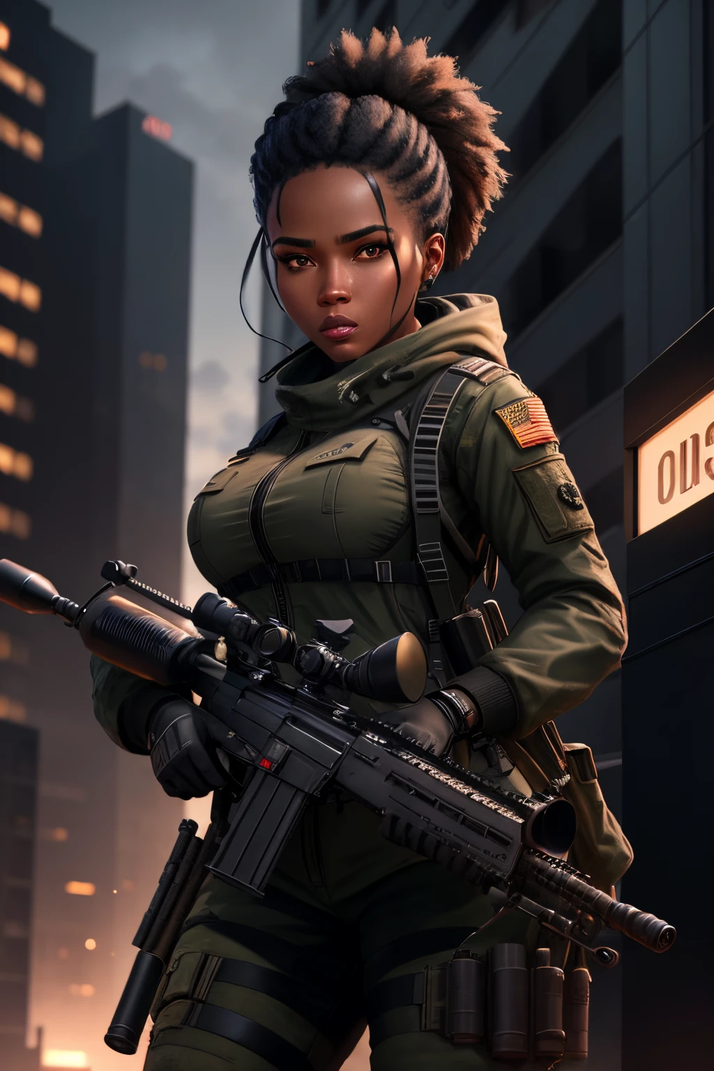 Black woman with a sniper rifle, looking through the scope, positioned on top of building shooting at the enemy on the street, photorealistic image, 8k, ultra HD, unreal engine rendered, cinematic lighting, artgerm style,