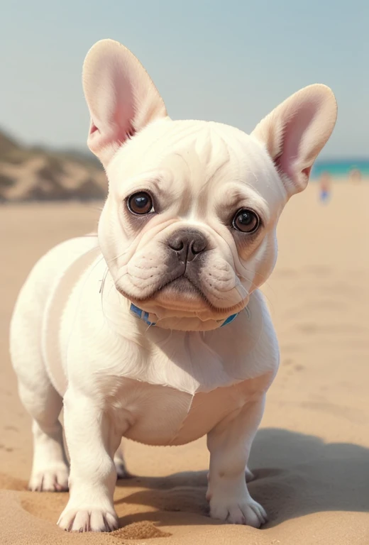 French bulldog, a yellow male and a white female, on the beach 8k, best quality, master part, Ultra high resolution, (realismo: 1.4), foto original, (textura de pele realista: 1.3), (filmic grain: 1.3), (selfie angle), 1 girl, Olhos bonitos e detalhes do rosto, master part, best quality, Close-up, parte superior do corpo, Looking at the Viewer