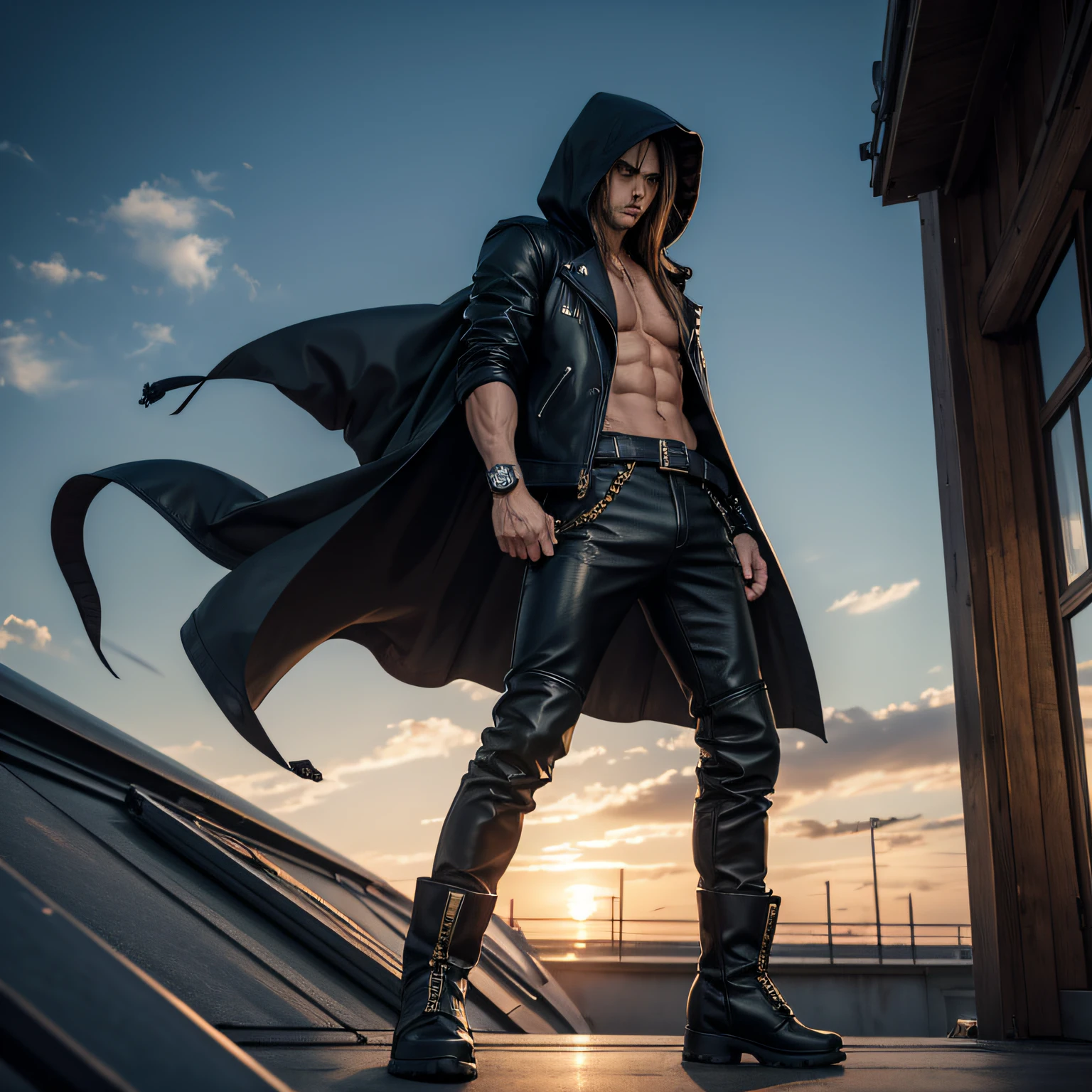 Anime character concept, in leather jacket, long hair, big boots, hands in pocket, hooded, arrogant look, camera from below, 4k, perfect face, in shape, masterpiece, Levitates above the ground, cutaway pose, wide pants, hands behind back, perfect pose, pumped up man, detailing, high quality, brass knuckles, cape, on the roof, comos in the background