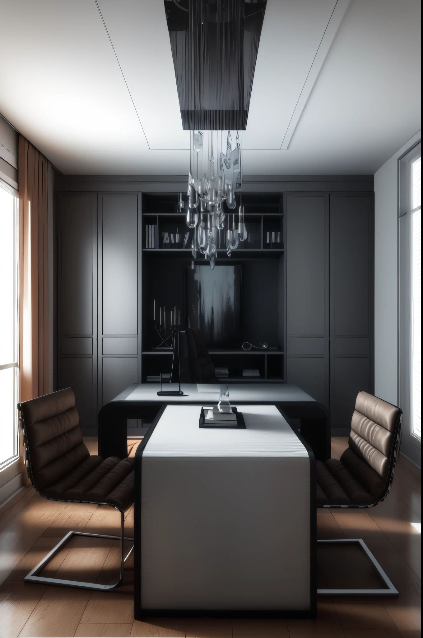 there is a large table with chairs and a chandelier in the room, very realistic 3 d render, professional 3d render, luxury hd render, in style of 3d render, elegant render, professional render, stuning 3 d render, excellent 3d render, high quality 3d render, high quality 3 d render, home office interior