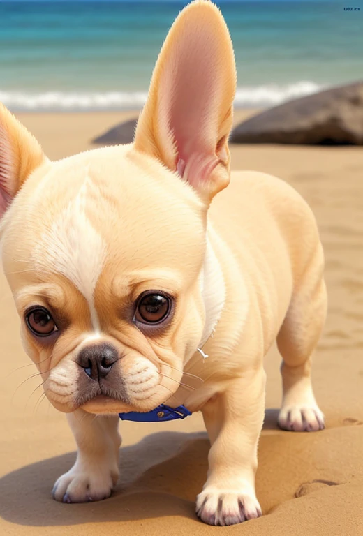 french bulldog, a yellow male and a white female, na praia 8k, best quality, master part, Ultra high resolution, (Realismo: 1.4), Foto original, (textura de pele realista: 1.3), (filmic grain: 1.3), (selfie angle), 1 girl, Olhos bonitos e detalhes do rosto, master part, best quality, Close-up, parte superior do corpo, Looking at the Viewer