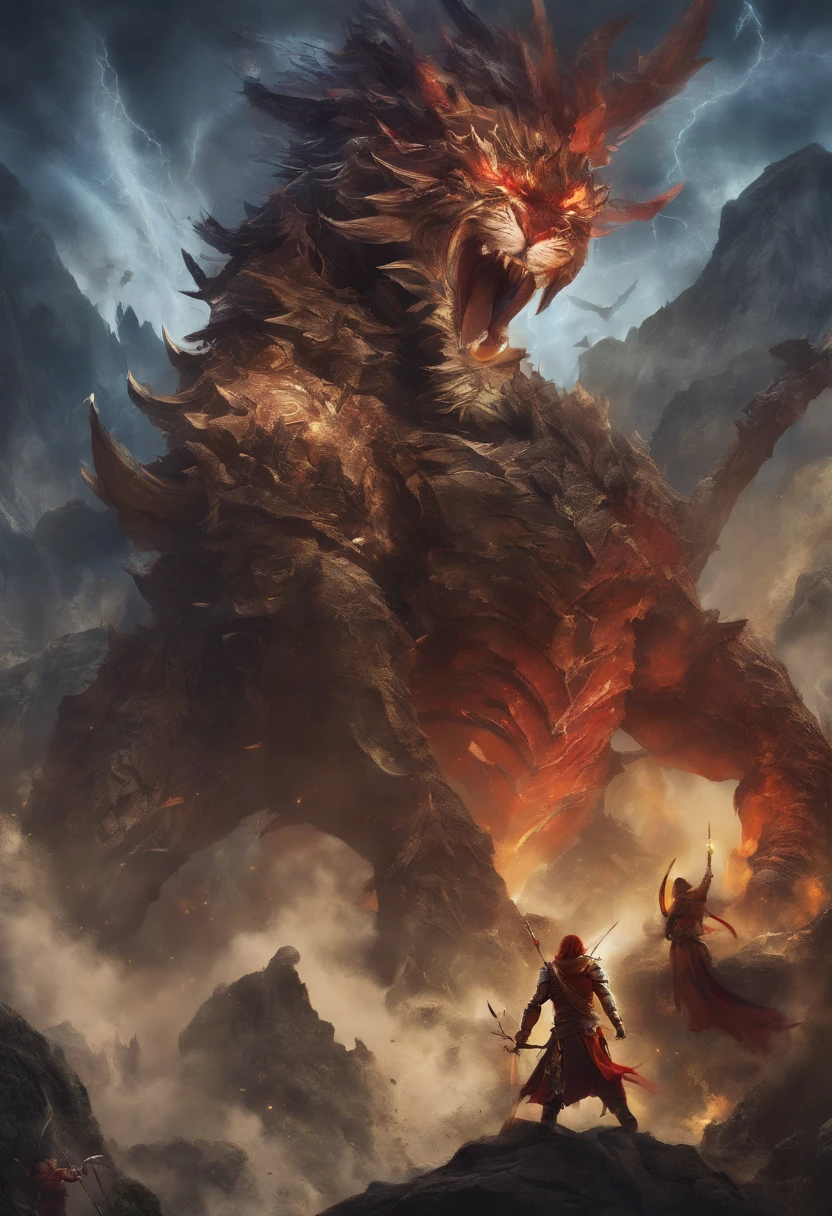 fight against enormous fierce monster,intense battle,girls,long hair,expressive faces,intense emotions,quick moves,incredible power,magic spells,sword fighting,fire-breathing monster,massive size,sharp claws,fiery eyes,dark atmosphere,dramatic lighting,explosions,flying debris,breathtaking landscapes,epic battle scenes,dynamic poses,fearless warriors,epic victory,blood pumping action,strategic maneuvers,adrenaline rush,bone-chilling roars,epic soundtrack in the background,deadly blows,concentration and focus,unwavering determination,heroic sacrifices,unbreakable bond among the allies,unseen powers,ultimate showdown,breathtaking climax,unpredictable twists,unforgettable adventure,unmatched courage and bravery,monumental triumph,celebration of victory,(best quality,4k,8k,highres,masterpiece:1.2),ultra-detailed,(realistic,photorealistic,photo-realistic:1.37),action-packed,heroic fantasy style,vivid colors and contrasts,epic cinematic feel震撼的画面效果,enchanting fantasy world,thrilling journey.