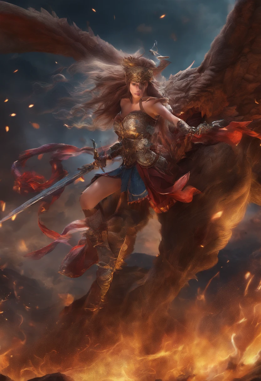 fight against enormous fierce monster,intense battle,girls,long hair,expressive faces,intense emotions,quick moves,incredible power,magic spells,sword fighting,fire-breathing monster,massive size,sharp claws,fiery eyes,dark atmosphere,dramatic lighting,explosions,flying debris,breathtaking landscapes,epic battle scenes,dynamic poses,fearless warriors,epic victory,blood pumping action,strategic maneuvers,adrenaline rush,bone-chilling roars,epic soundtrack in the background,deadly blows,concentration and focus,unwavering determination,heroic sacrifices,unbreakable bond among the allies,unseen powers,ultimate showdown,breathtaking climax,unpredictable twists,unforgettable adventure,unmatched courage and bravery,monumental triumph,celebration of victory,(best quality,4k,8k,highres,masterpiece:1.2),ultra-detailed,(realistic,photorealistic,photo-realistic:1.37),action-packed,heroic fantasy style,vivid colors and contrasts,epic cinematic feel震撼的画面效果,enchanting fantasy world,thrilling journey.