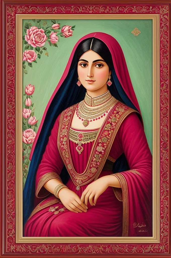 Persian Qajar period woman , in traditional red-pink clothes , background contains painting of nightingale among rose and peony flowers, floral frame , ((perfect rectangular frame))