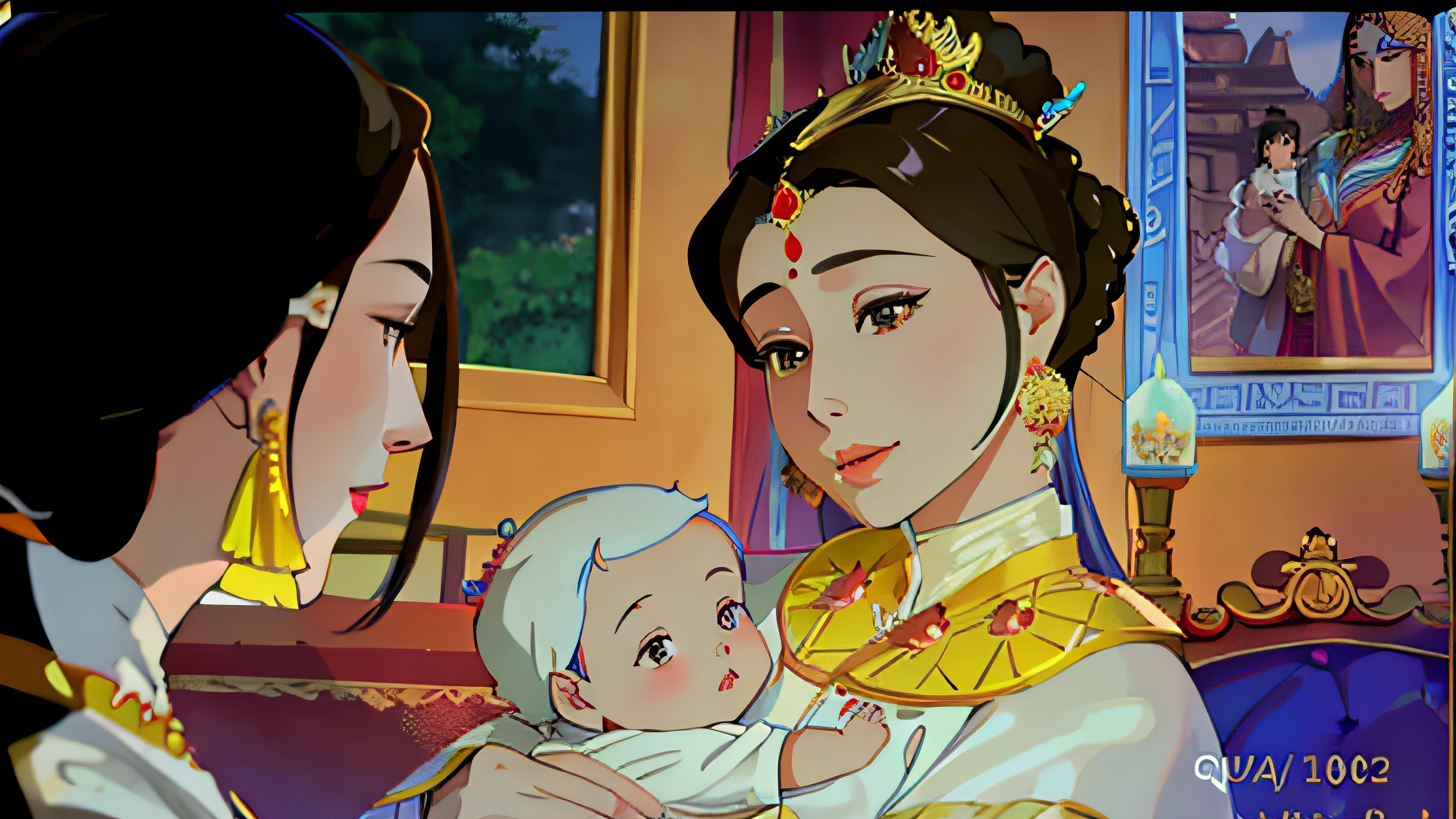 cinematic , highly detailed, cinematic , highly detailed, Queen Maya was the wife of King Suddhodana of the Sakya kingdom in India in 623 BC near the Himalayas, beautiful and feminine, about 45 years old, looked young, was holding her cute baby boy and talking to her palace ladies.