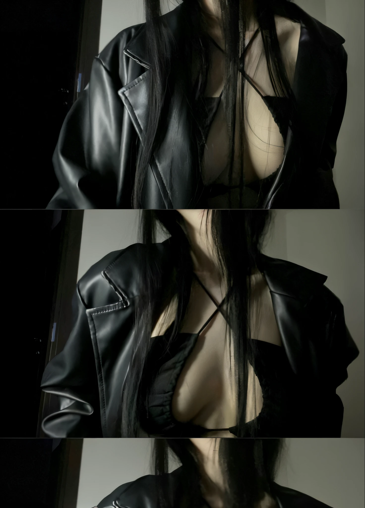 um close up de uma mulher em uma jaqueta de couro preta, very aesthetic leather jacket, usando jaqueta de couro cyberpunk, cruel korean goth girl, ela usa jaqueta de couro, goth girl aesthetic, jaqueta sobre tronco nu, gothic aesthetic, estilo sensual sombrio, roupas finas de couro preto, usando jaqueta de couro, darkwave goth aesthetic, vestido com jaqueta de couro curta, Dark aesthetic, revelando roupas