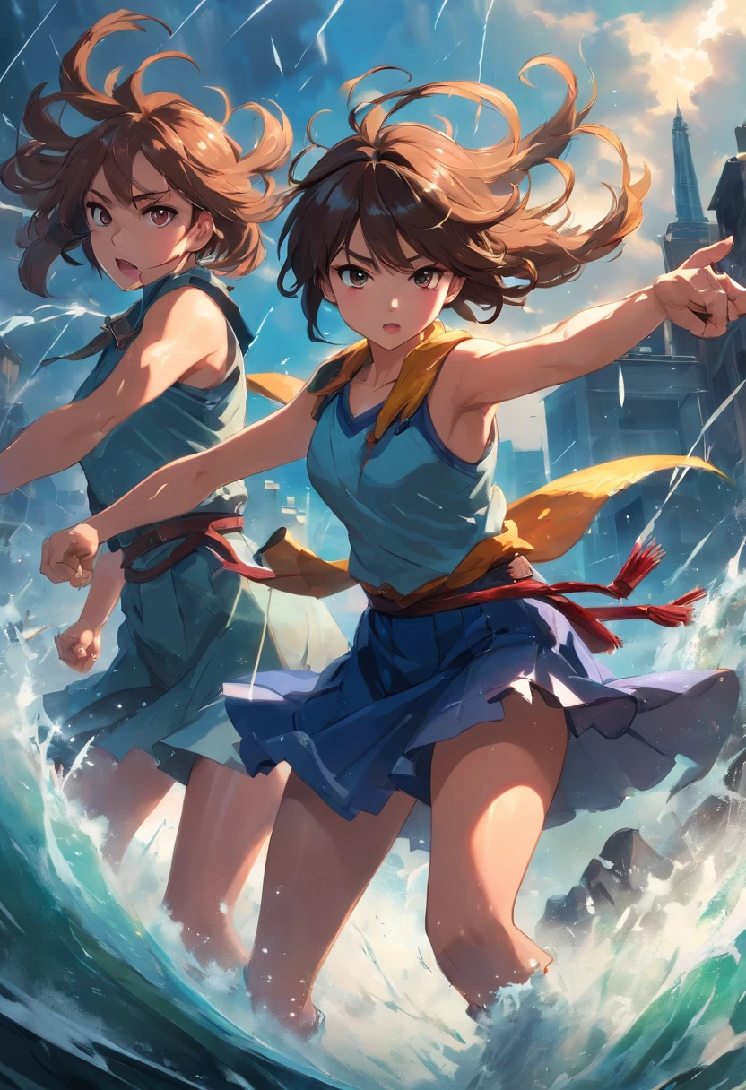 (best quality,4k,8k,highres,masterpiece:1.2),ultra-detailed,(realistic,photorealistic,photo-realistic:1.37),epic fantasy battle,brave warriors,terrifying monstrous creature,towering beast of destruction,majestic fantasy landscape,ancient ruins,glowing enchanted weapons,frantic battle cries,sparkling magical effects,stunning combat choreography,helicopter view of the battlefield,ferocious intensity of the clash,multiple girls heroically fighting side by side,adrenaline-pumping action-packed scenes,dynamic camera angles,cinematic lighting and shadows,epic clash between good and evil,visceral close-ups of determined expressions on the girls' faces,rippling muscles and veins gripping the weapons,strong gusts of wind blowing their hair,rippling waves of energy emanating from the fierce monster,impressive display of the girls' combat skills,battles scars and signs of resilience,ominous dark clouds and lightning in the sky,colors saturated with drama and intensity,high contrast between light and dark,atmospheric haze and fog,beautifully choreographed sequences of acrobatic moves,rippling water and reflections in a nearby river,a sense of impending doom and overwhelming odds to overcome.