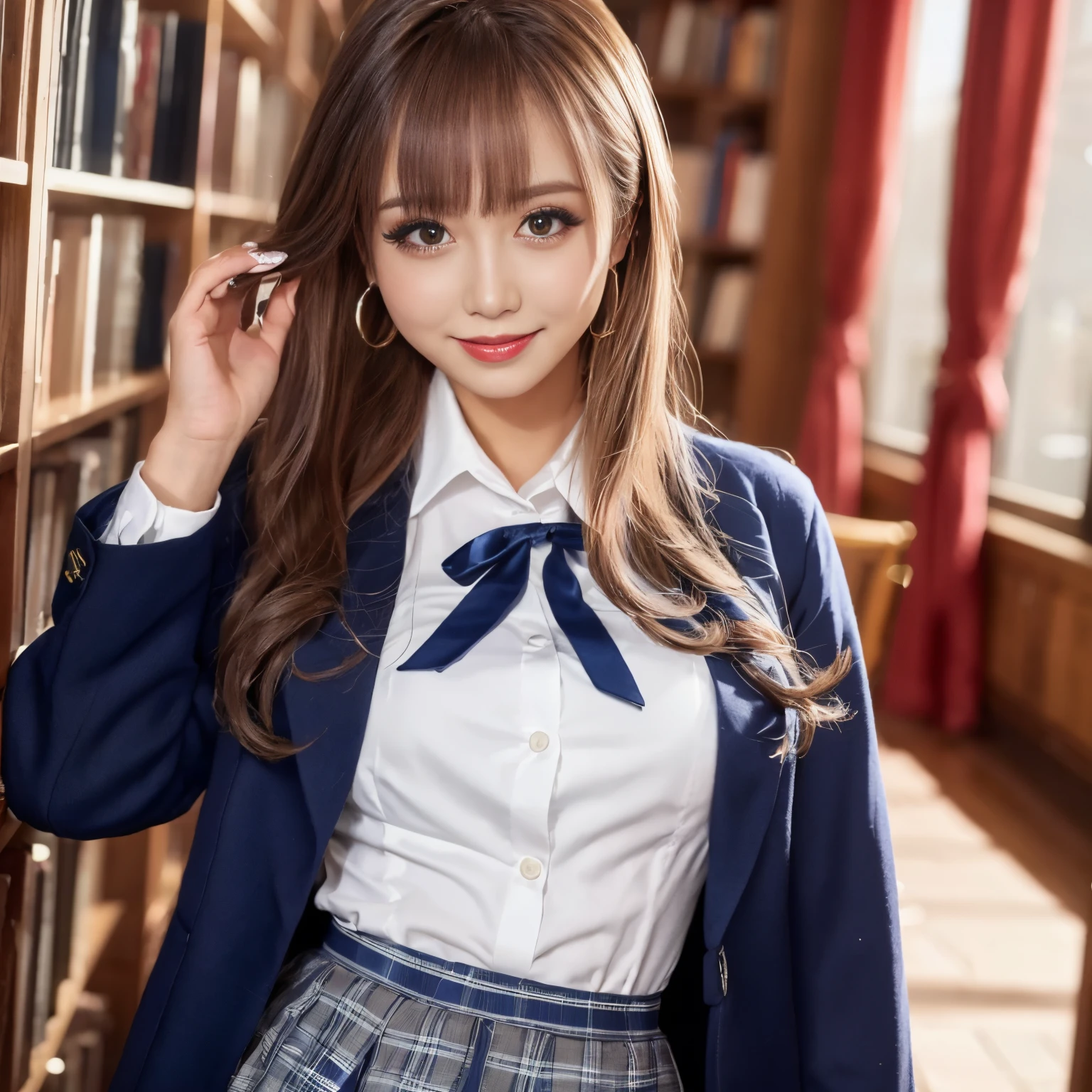 ((top-quality、masutepiece、8K、Top image quality))、(1 photo:1.5)、Highly saturated、1 girl、((Navy Blazer for Uniform、Red ribbon on chest、Uniform Shirt、pleatedskirt))、The happiest smile、View me、waved hair、The background is the library、Detailed bookshelf、Standing next to a bookshelf、Soft lighting in warm colors、lipsticks、long eyelashes、Perfect makeup、Emphasize body lines、large full breasts、accurate anatomy、(perfect hair:1.2)