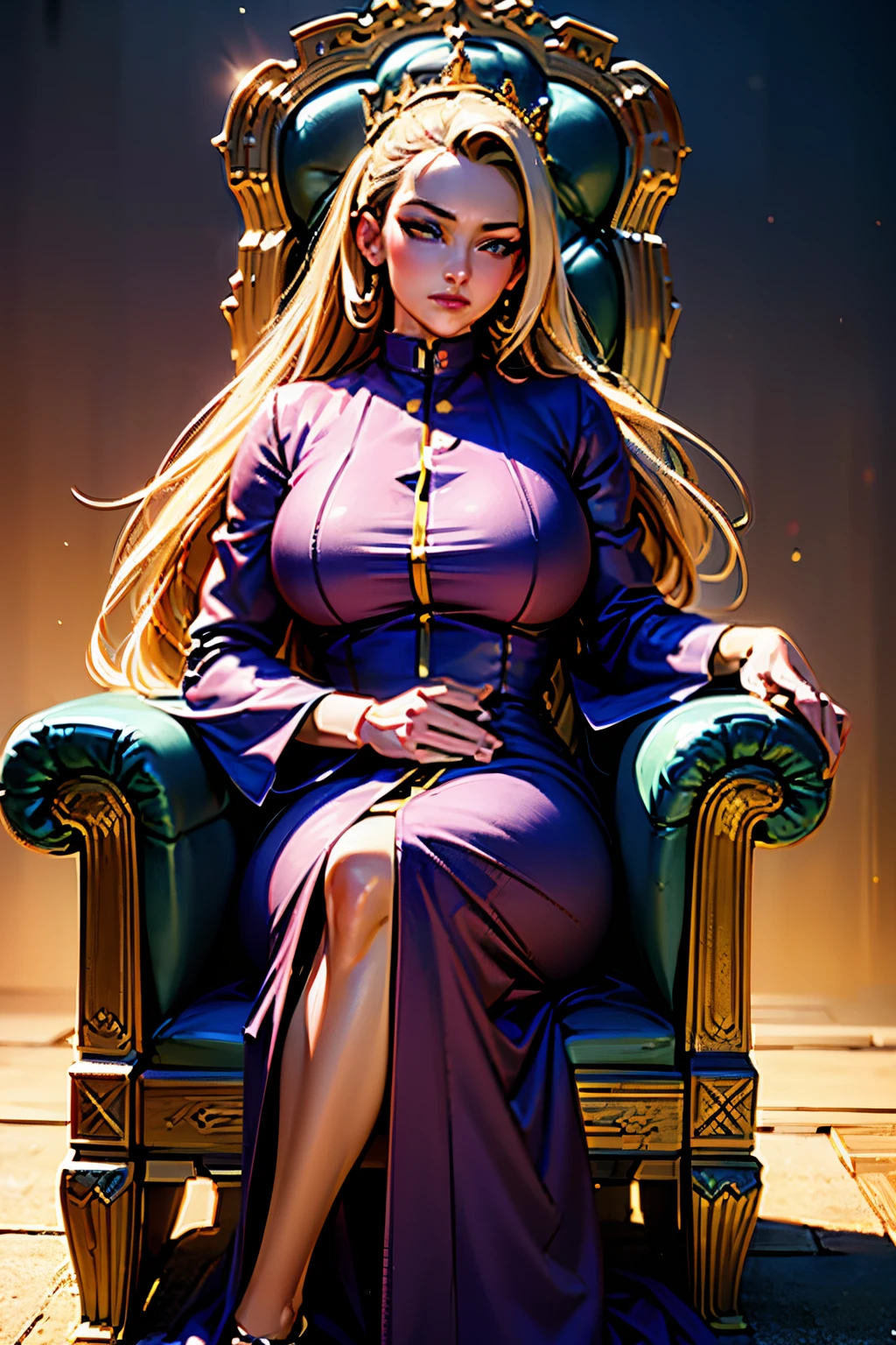 (best quality,4k,8k,highres,masterpiece:1.2),ultra-detailed,(realistic,photorealistic,),artistic,portraits,ino yamanaka,western royal queen,dominant posture,beautiful goddess face,detailed face,beautiful detailed lips,beautiful detailed blue eyes,golden color dress,gold throne,sparkling jewels,flowing hair,vibrant colors,throne room background,soft lighting,peaceful atmosphere,serene expression,natural sunlight,crown,regal backdrop,graceful pose,intricate details.