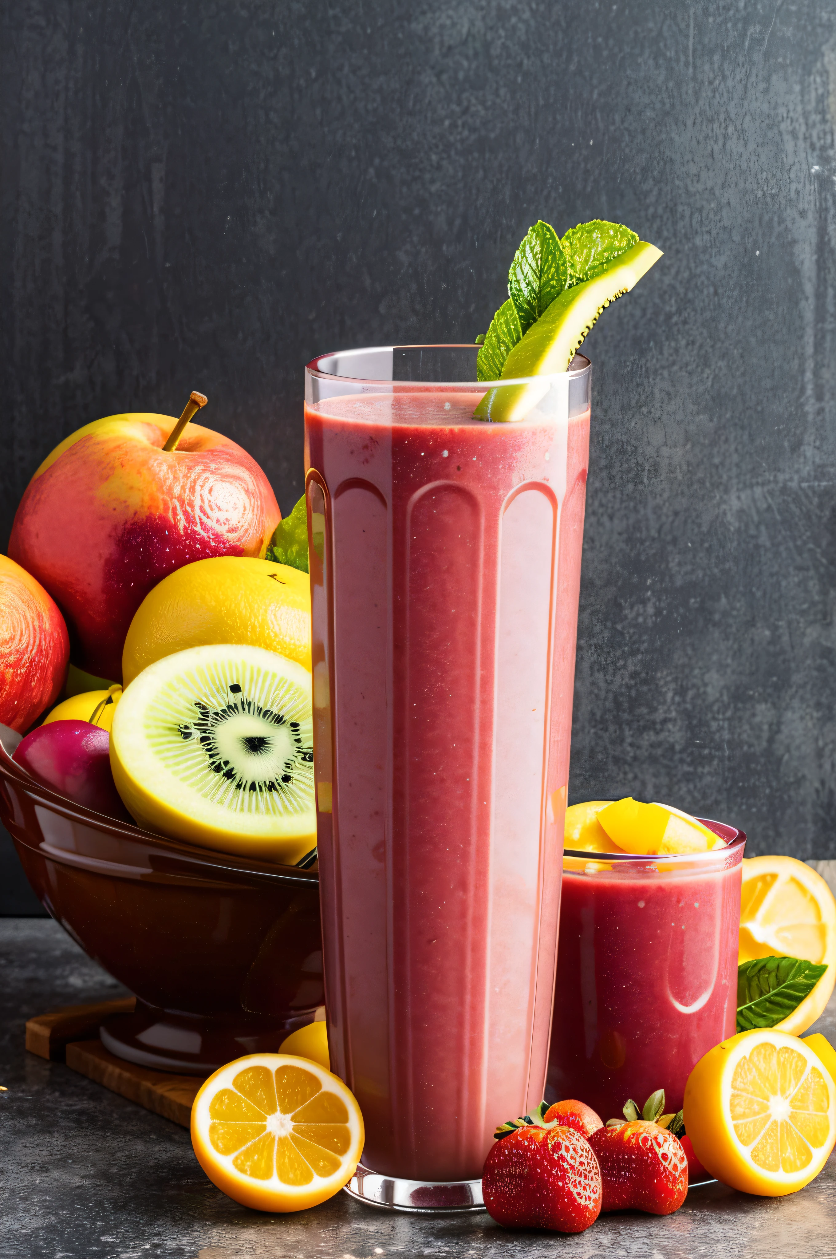Freshly pressed Fruit vegetable juice smoothie with fruits veggie toppings on transparent background cutout