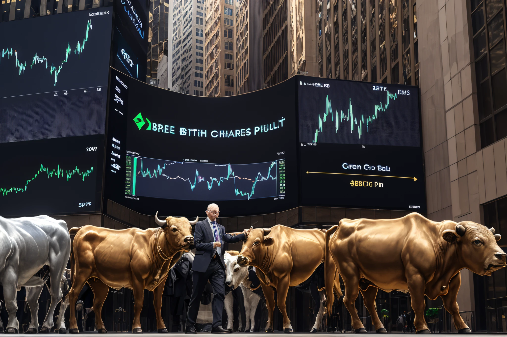 Create me a picture of Wall Street Bulls and Bears with symbols "Bitcoin, Ethereum, Gold, Silver, Dollar, Euro and Pound" with Green Pips chanel theme