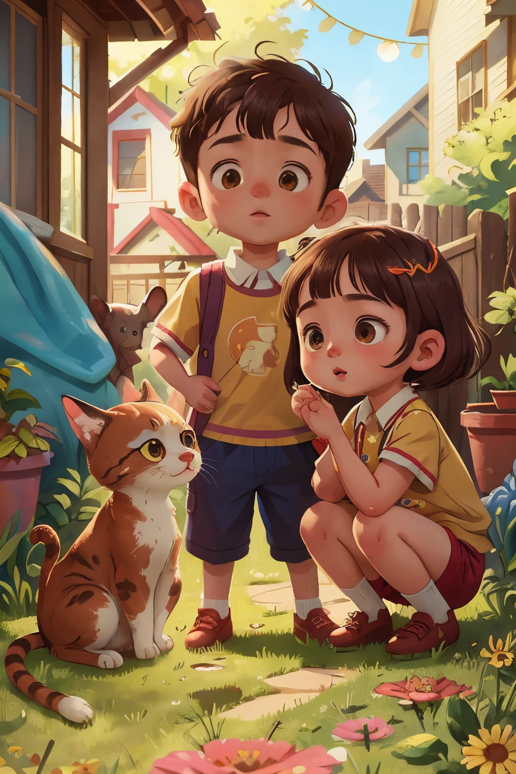 1boy 1girl siblings child backyard with cats posing bright sunny day (Clutter-Home:0.8), (masterpiece:1.2) (photorealistic:1.2) (bokeh) (best quality) (detailed skin:1.3) (intricate details) (8k) (detailed eyes) (sharp focus)