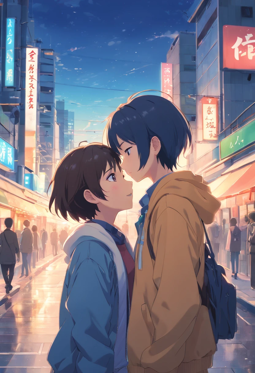 (high high quality,4K,8K,A high resolution,tmasterpiece:1.2),ultra - detailed,(Realistic,Photorealistic:1.37),illustratio,HDR,UHD,hyperdetailed painting,sharp fokus,Physical rendering,Extremely detailed description,professinal,Vivid colors,background blurkeywords: 2girls,cute,kiss,street,love