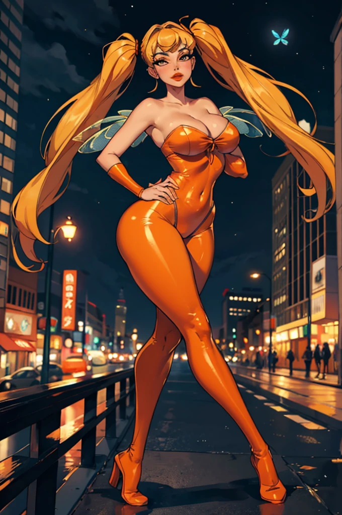 big ass, posing sexually, full body, (erect_Nipples_under_Clothes), orange_Bodysuit_fullbody, full body,cleavage, strapless,Bimbo body, Thick thighs, twintail,(huger breasts:1.3),hand on the waist, city at night, night lights, orange dragonfly wings, Thick lips, high definition face,