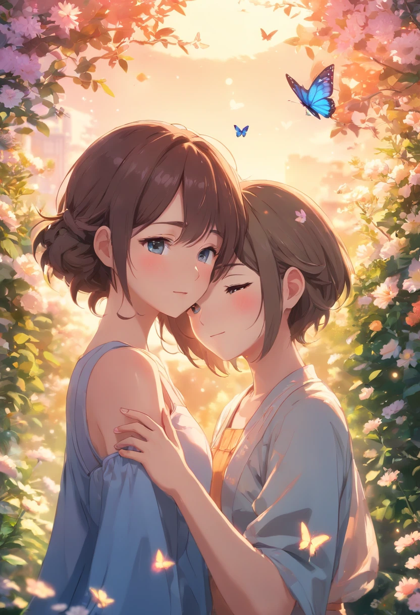 (best quality,4k,8k,highres,masterpiece:1.2),ultra-detailed,(realistic,photorealistic,photo-realistic:1.37),HDR,UHD,studio lighting,ultra-fine painting,sharp focus,physically-based rendering,extreme detail description,professional,vivid colors,bokeh,portrait,romantic,soft colors,warm light,blushing cheeks,wispy hair,long eyelashes,dainty hands,tender moment,gentle embrace,flower garden,butterflies,blissful expression,sunset backdrop,faint blush on their faces,dreamy atmosphere,magical ambiance.