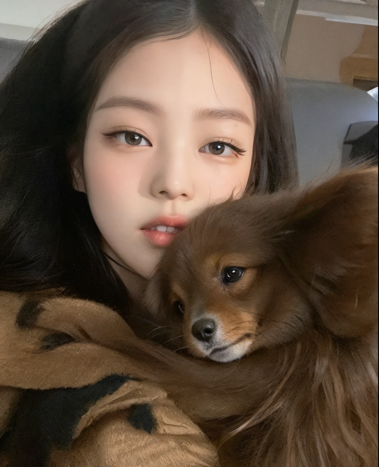 There's a woman holding a small dog on her lap, jennie blackpink, song hye - kyo, jossi do blackpink, jisoo do blackpink, com olhos bonitos, Jisoo do Blackpink, tzuyu de duas vezes, Heonhwa Choe, Parque Ji-min, Parque Roseanne do Blackpink, her face looks like an orchid, Jaeyeon Nam