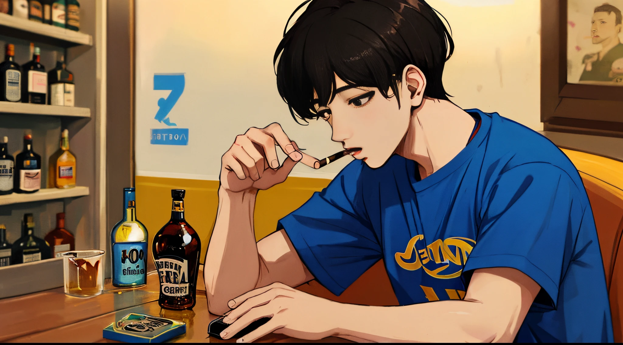 Kim Namjoon con una remera de Boca Juniors, en la mano derecha un cigarro y en la mano izquierda una botella cortada con fernet