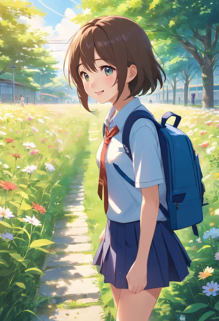 (best quality,4k,8k,highres,masterpiece:1.2),ultra-detailed,(realistic,photorealistic,photo-realistic:1.37),schoolboy, cute girl, playful atmosphere, innocent moment, beautiful scenery, warm sunlight, blooming flowers, vibrant colors, young love, charming smiles, blushing cheeks, gentle touch, sweet encounter, soft breeze, carefree laughter, carefree expression, schoolyard, school uniforms, backpack, schoolbooks, schoolbag, green meadow, blue sky, joyful atmosphere, youthful energy, lively chatter