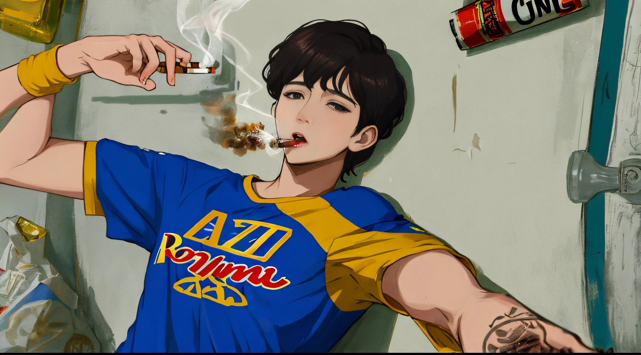 Kim Namjoon con una remera de Boca Juniors, en la mano derecha un cigarro y en la mano izquierda una botella cortada con fernet