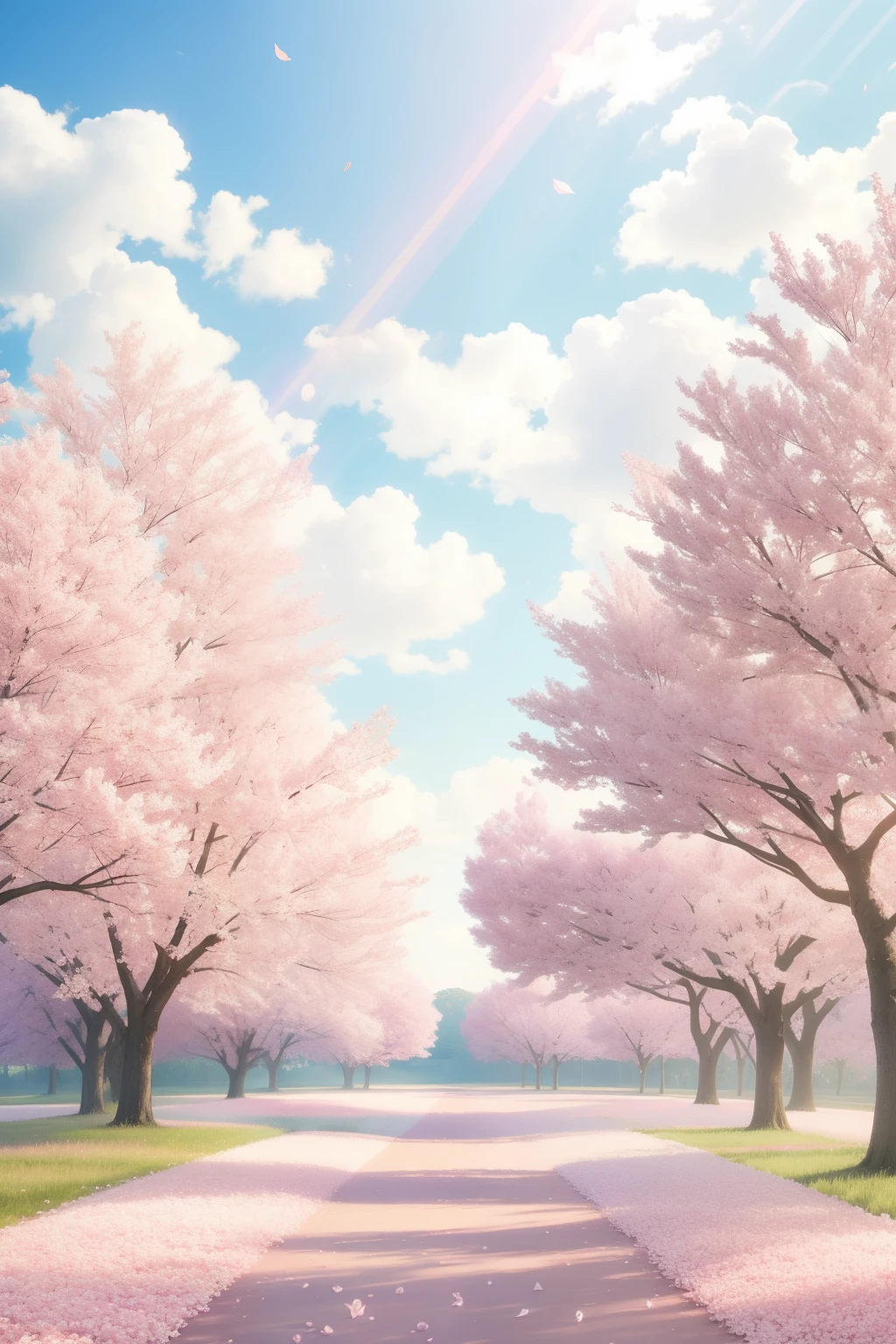 Lots of pink trees, Wide sky, white clouds , flower petals , florals, Aesthetic serene bliss, diffuse glow, god rays, chromatic abberation, Caustics, High light scattering