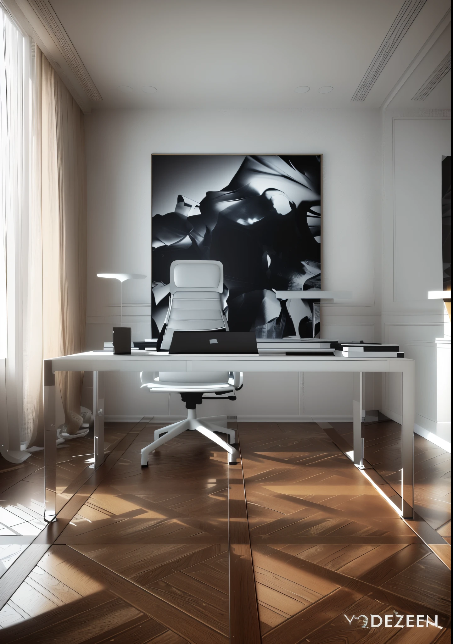 there is a desk with a chair and a picture on the wall, in style of 3d render, home office interior, very realistic 3 d render, professional 3d render, elegant study, 3 d hyper realistic render, stuning 3 d render, vray render 4k, vray render 4 k, stunning 3d render, stunning 3 d render