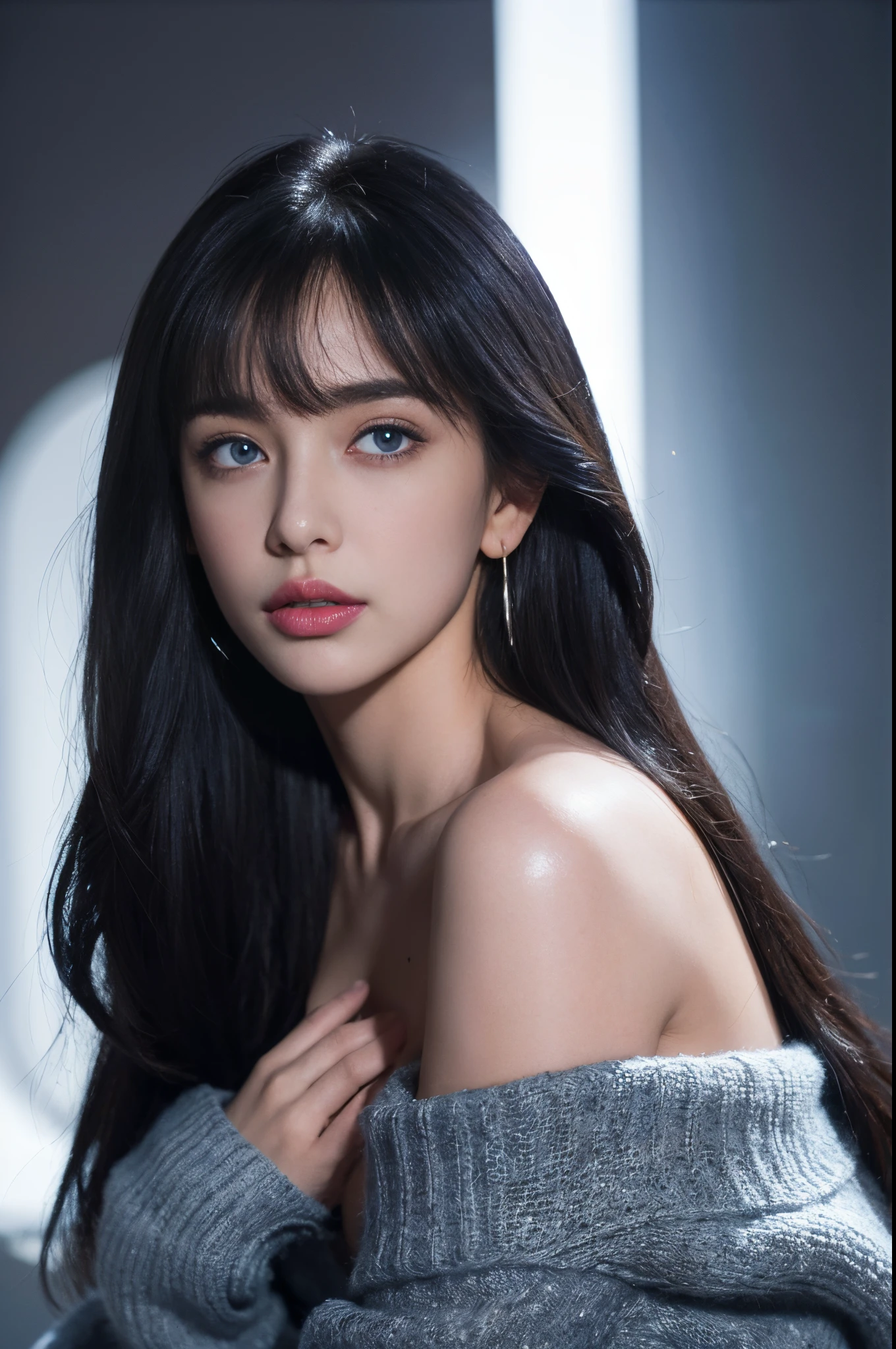 Masterpiece, Best Quality, High Definition Photorealistic, Glossy skin, Bangs, big boob, open mouse, Exposed cleavage, blue Eyes,, ((Dark background)), looking at viewer, off shoulder, black sweater, sharp face,