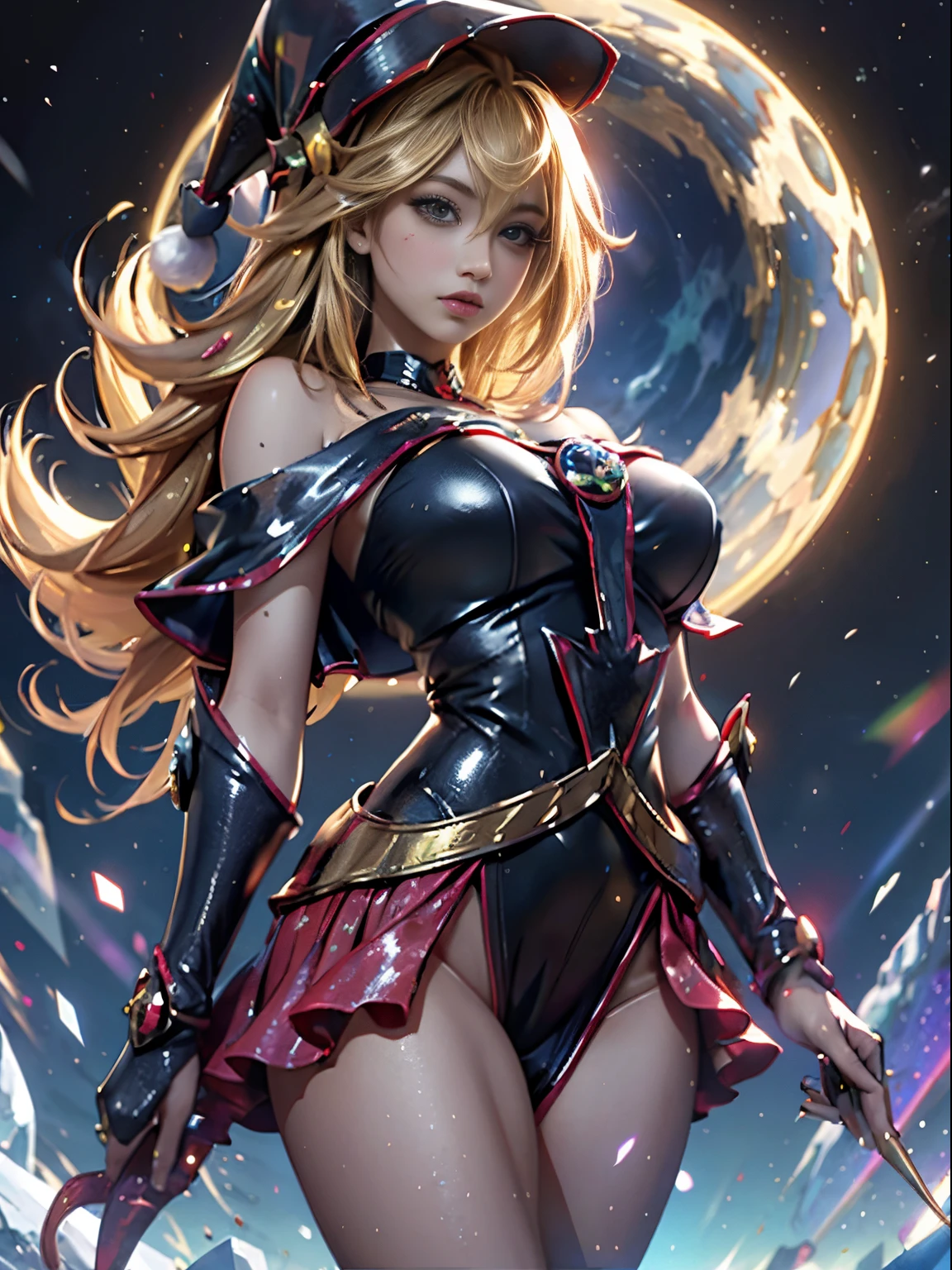 Dark magician gils. Rubia dorada y, ojos azules, Cara hermosa,  Fit and athletic body, travieso, guarra, Manos perfectas, Manos detalladas, Ojos azules perfectos, ojos detallados, flirty, sextetas grandes y alegres, cuerpo completo, realista, HDR, UHD, dynamic, sentado en el suelo frente a una chimenea, Posando, Santa Claus red dress, christmas tree, botas negras. Pose sejustiva y sensual