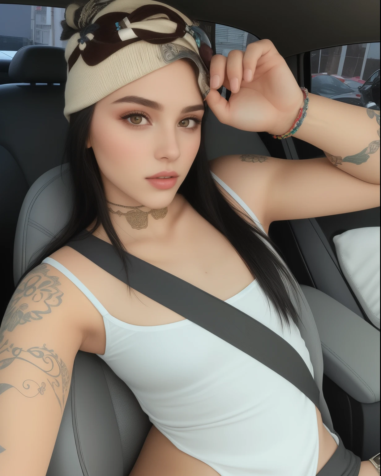 Mujer araffe con tatuajes en brazos y pecho en un coche., con tatuajes, con una gargantilla y un lindo sombrero, hermosa poarch, Entintado, 18 years old, 2 4 year old female model, Parece una mezcla de grimes, sentada en su auto, Modelo de Instagram, con coletas negras, Angie Glocka, Parece una mezcla de mugres