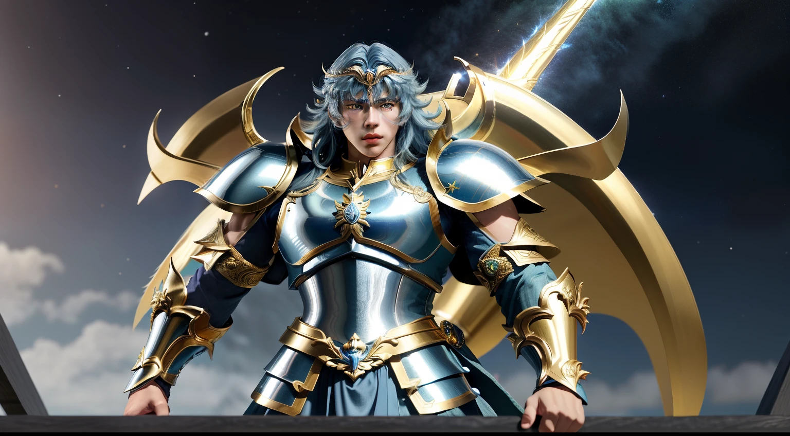 um close de uma pessoa de terno amarelo e cabelo azul, Knights of the Zodiac Girl, Knights Portrait of Zodiac Girl, Saint Seiya, joseph joestar, DEUS. dramatic gold blue lighting, Obra-prima do anime, Deus grego no estilo mecha, usando armadura dourada, Fuso Rei, unreal motor render Sao Seiya, Armadura dourada brilhante, Armadura Dourada, gemini gold cloth